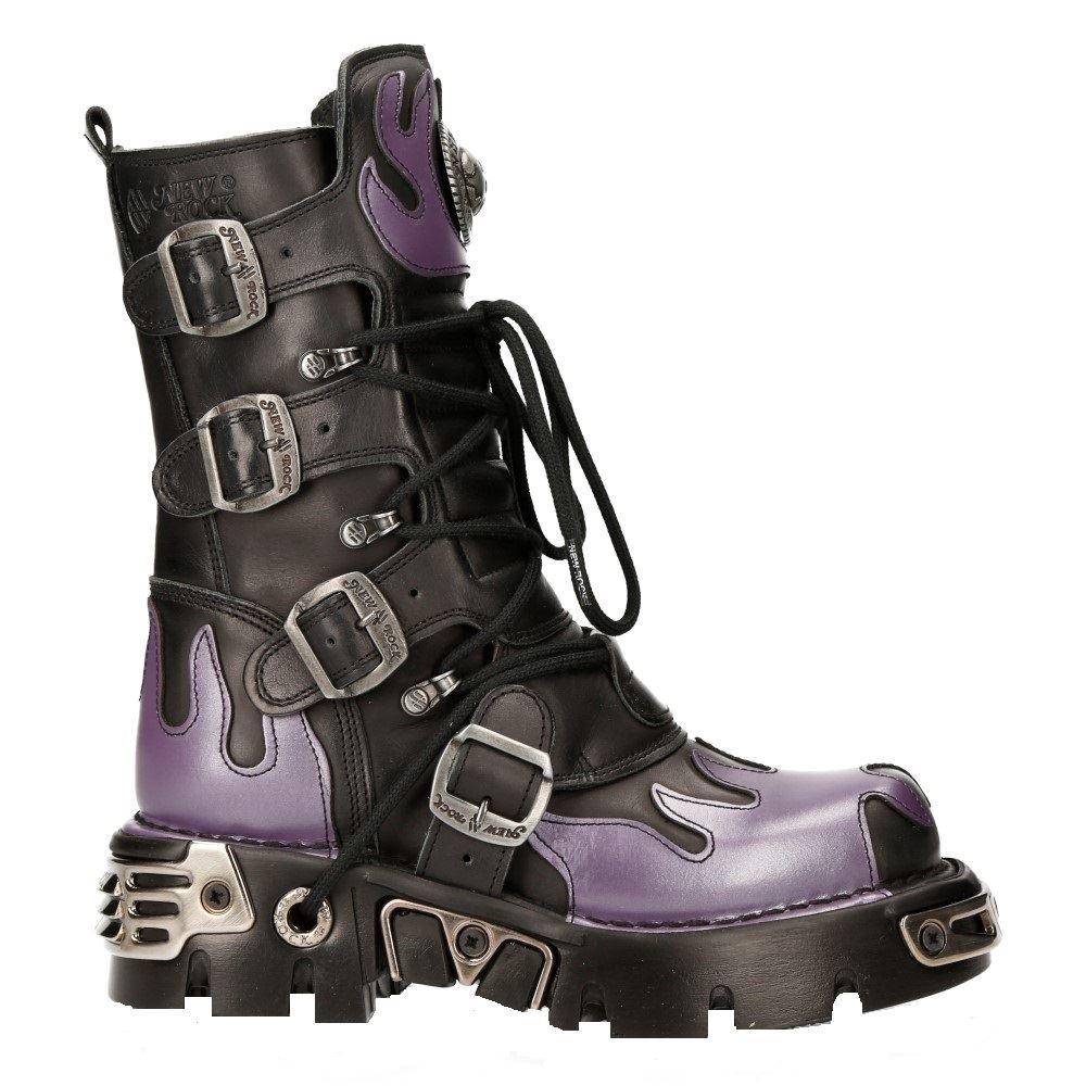 New Rock M-591-s5 Purple Flame Punk Boots Black Leather Gothic Heavy Biker - Knighthood Store