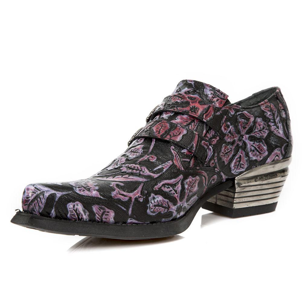 New Rock 7960-s8 Shoe Embossed Vintage Black Leather Buckle Steel Heel Shoes - Knighthood Store