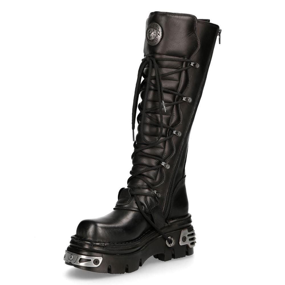New Rock 272 Metallic Black Goth Knee High Zip Leather Buckle Boots Punk Emo - Knighthood Store