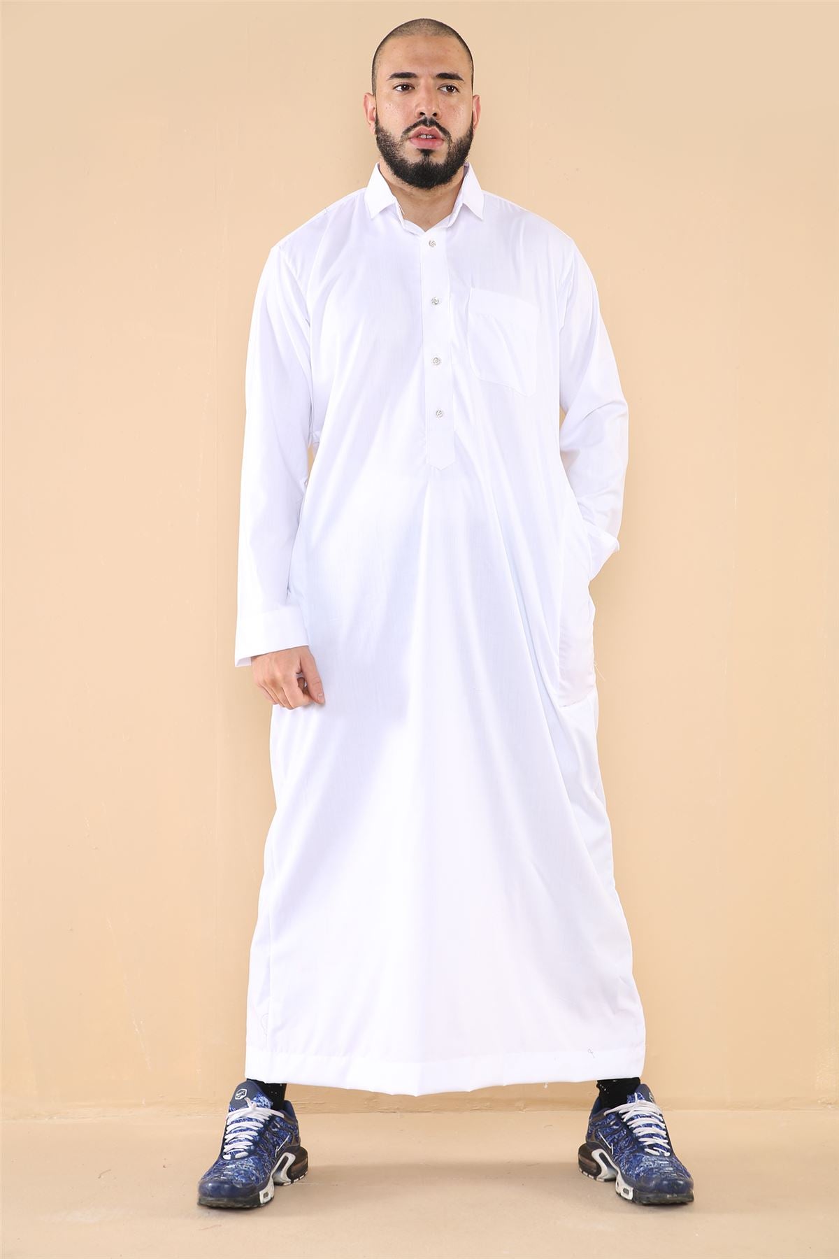 Mens Thobe Jubba Turn Down Collar Islamic Muslim Cotton Kaftan Dress Robe Arabic