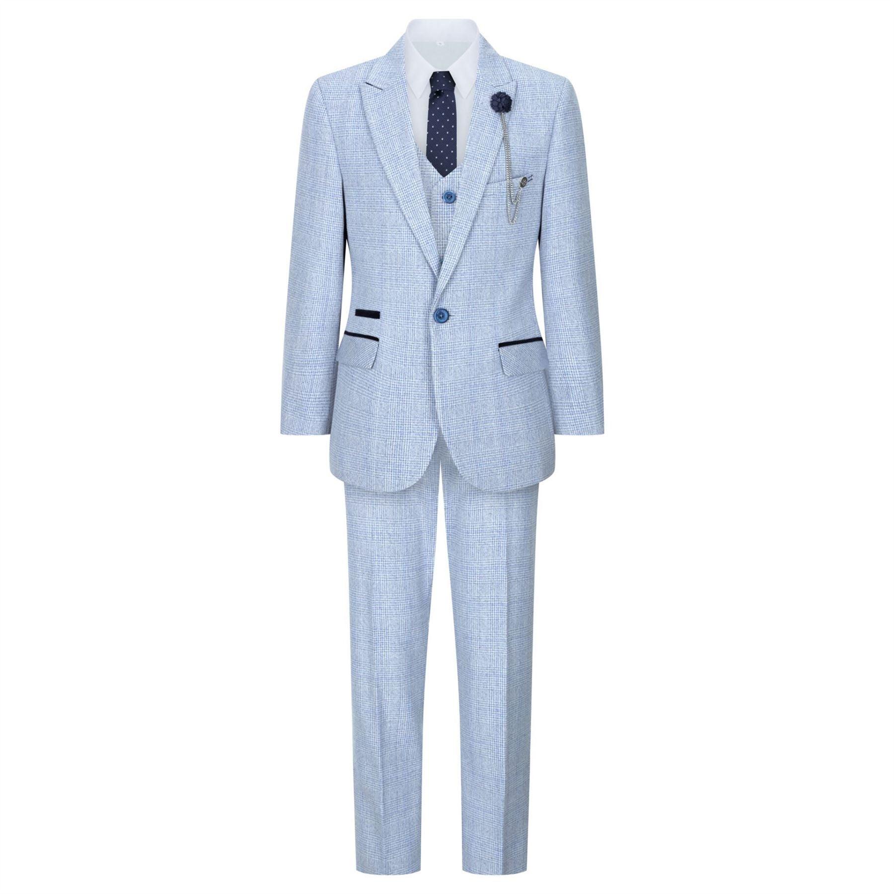 Boys 3 Piece Check Suit Tweed Light Blue Tailored Fit Wedding Peaky Classic - Knighthood Store