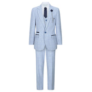 Boys 3 Piece Check Suit Tweed Light Blue Tailored Fit Wedding Peaky Classic