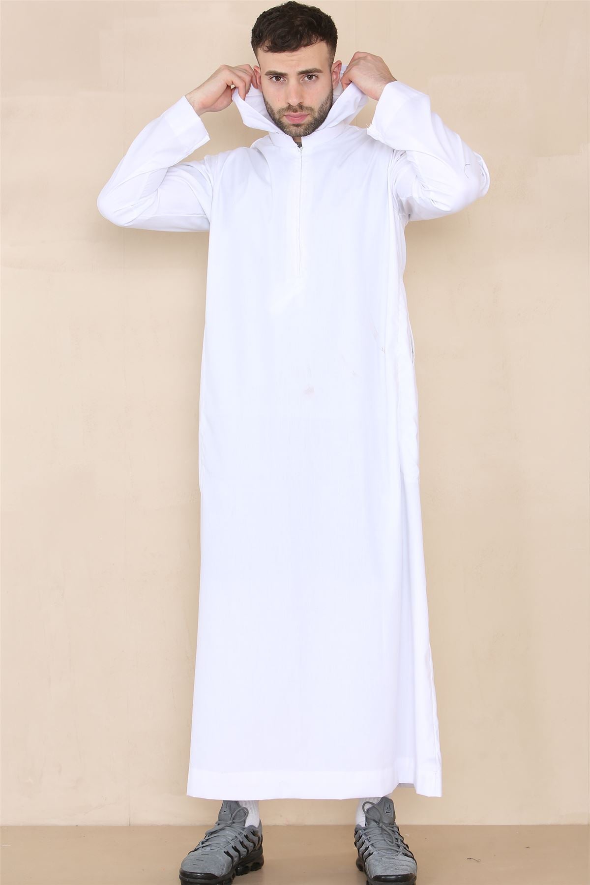 Mens Hooded Thobe Hood Jubba Nehru Stand Collar Islamic Clothing Muslim Kaftan Robe Saudi Slim Regular Fit