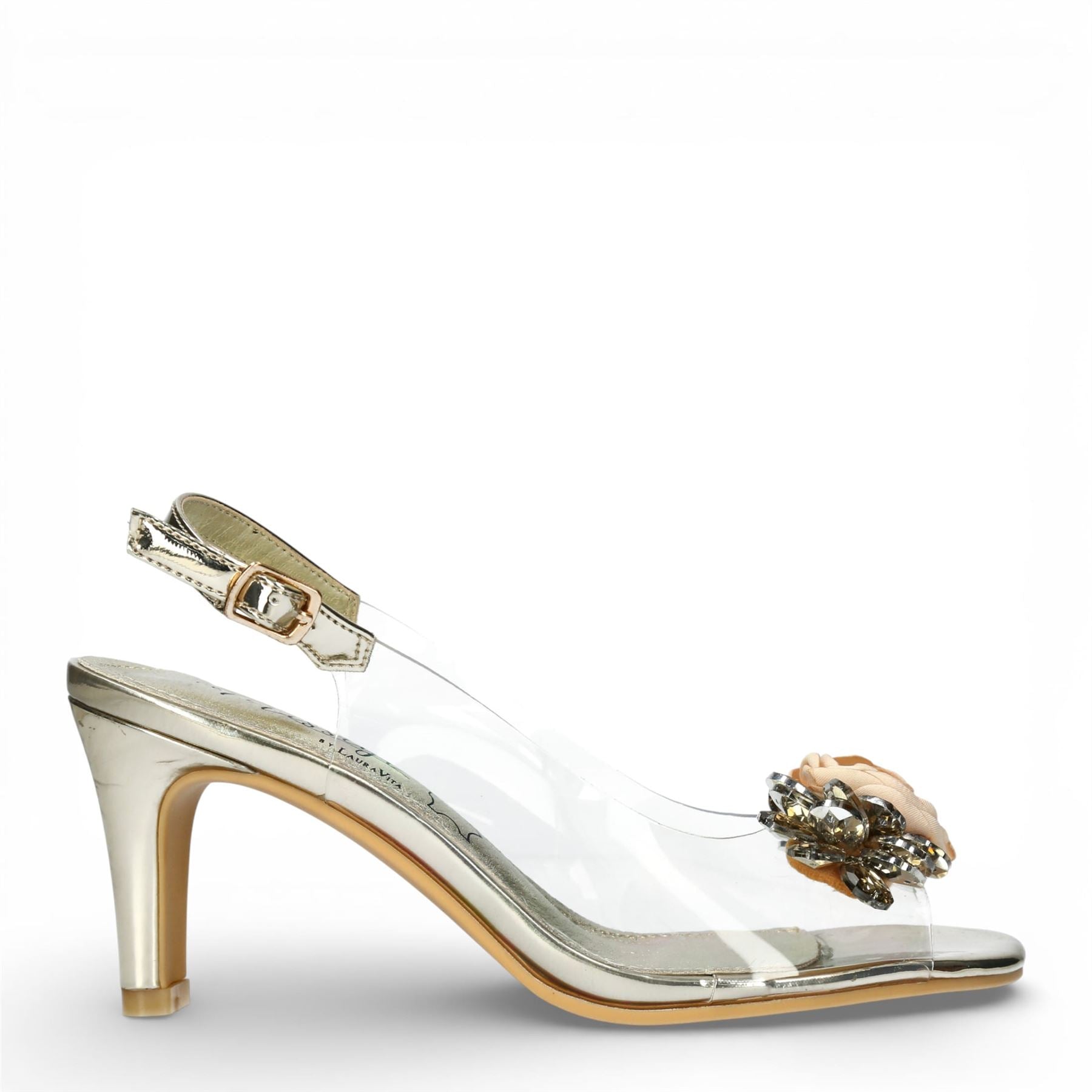 Mira 05 - Women’s Clear Golden Slip-On Heel Sandals