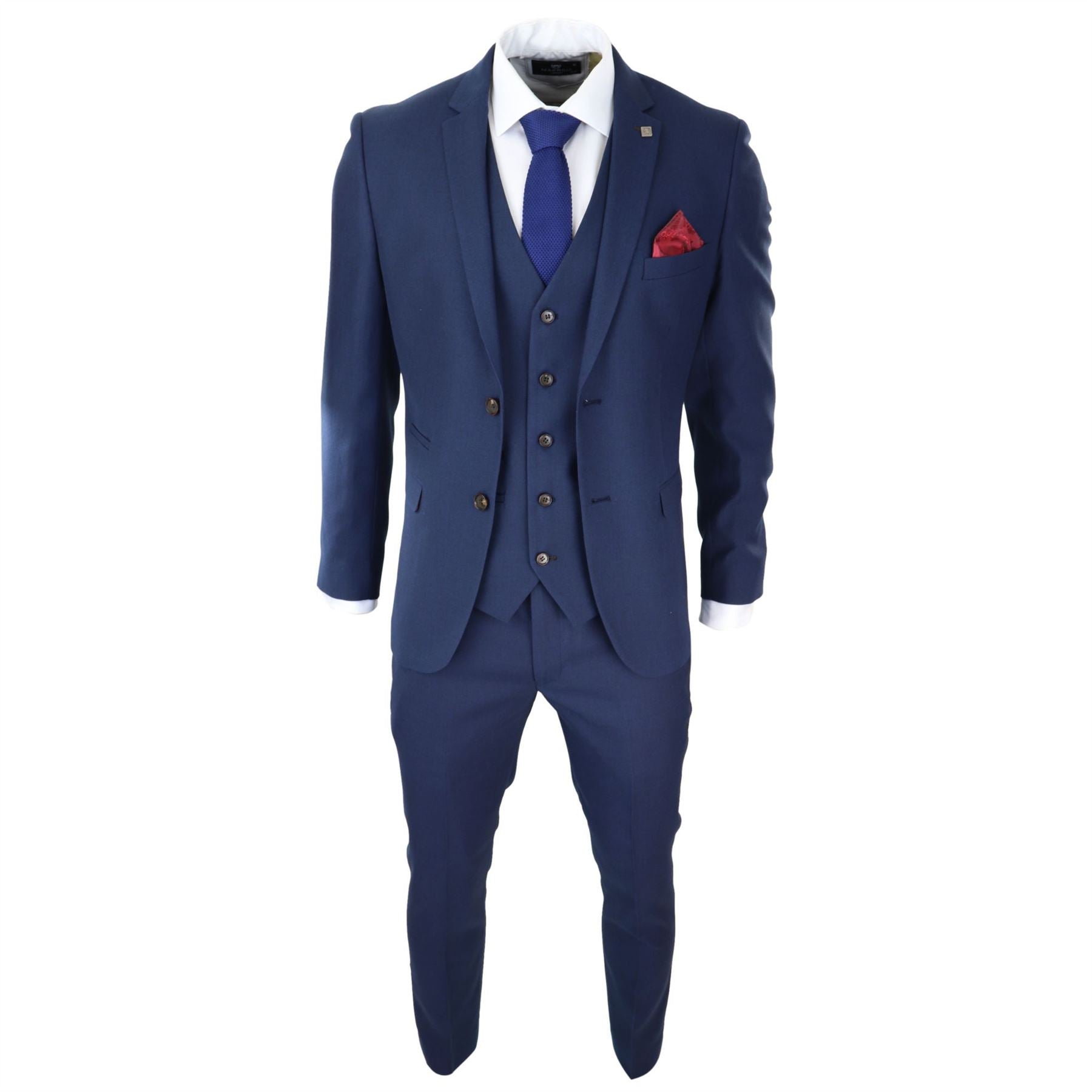 Mens Navy 3 Piece Suit Tailored Fit Smart Formal Classic Wedding Retro Vintage
