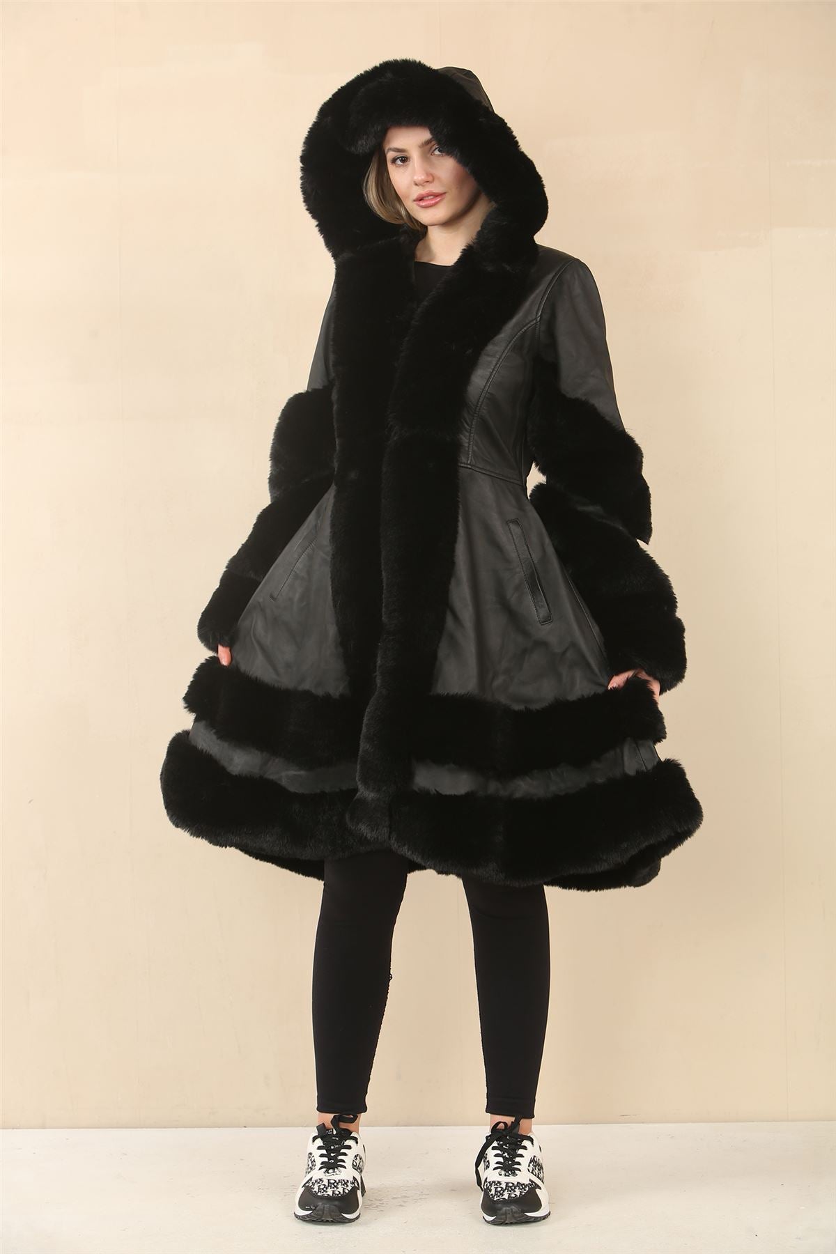 Women's Black Flared Hooded Leather Cape Coat