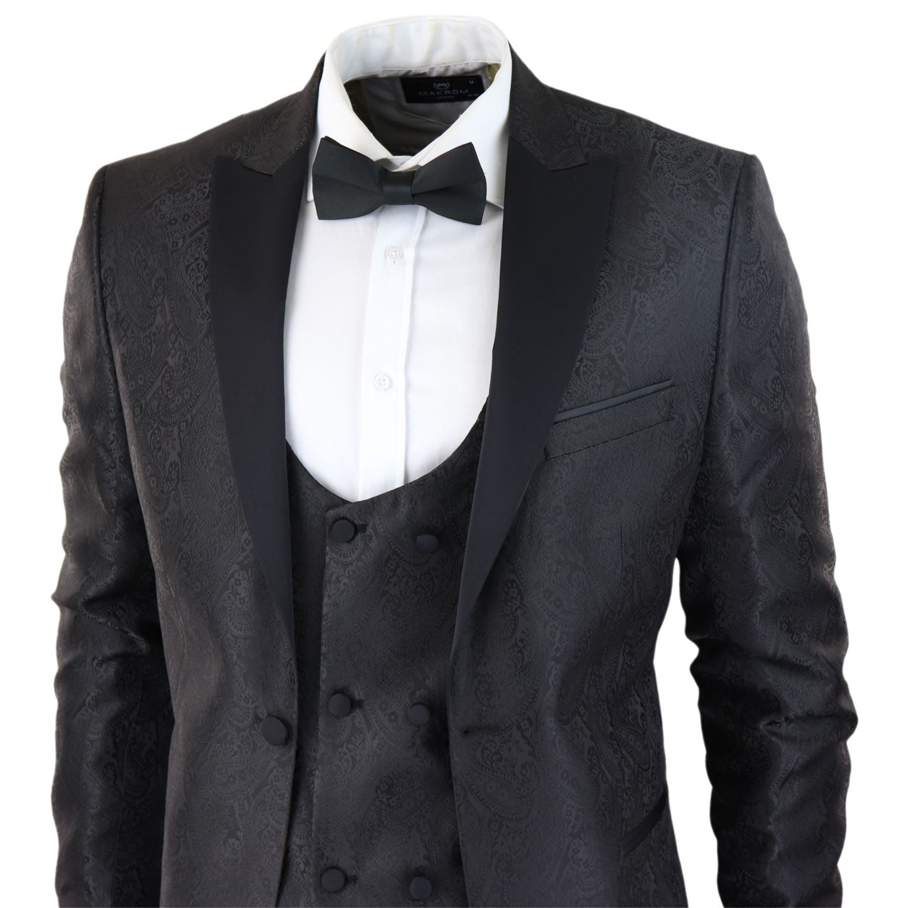 Mens Paisley Tuxedo Blazer And Waistcoat Brocade Dinner Jacket Satin Black Fit