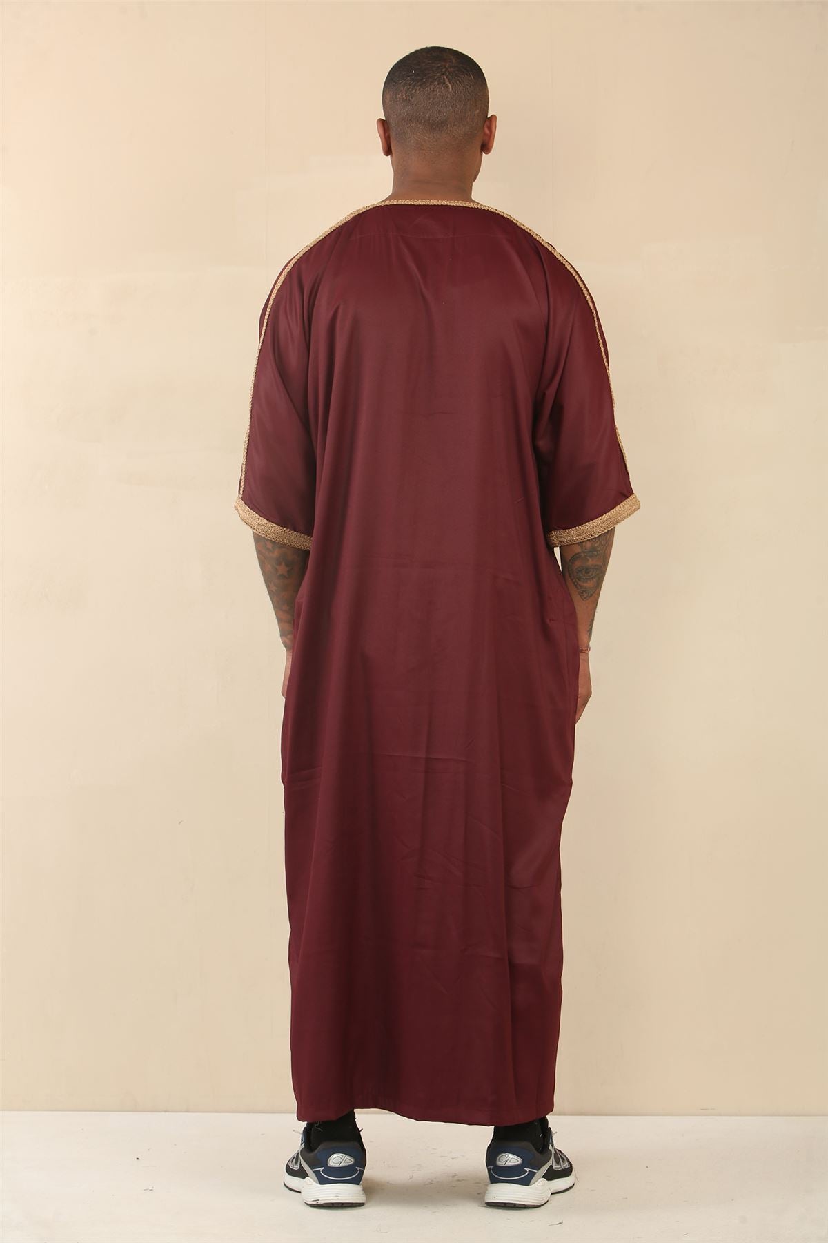 Men's Marron Moroccan Thobe Short Sleeve Gandoura Gold Embroidery Kaftan
