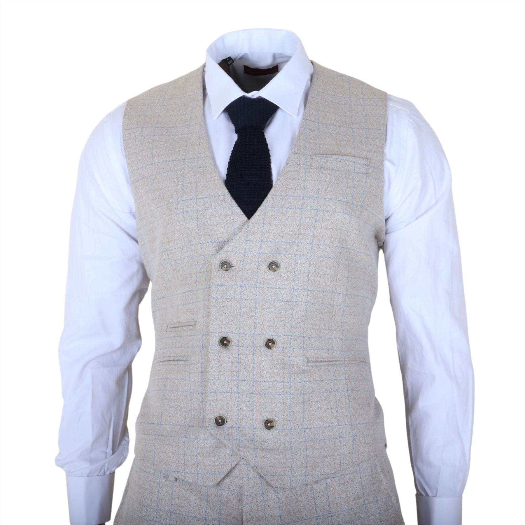 Luis - Men's Cream Plaid Check Slim Fit 3 Piece Suit