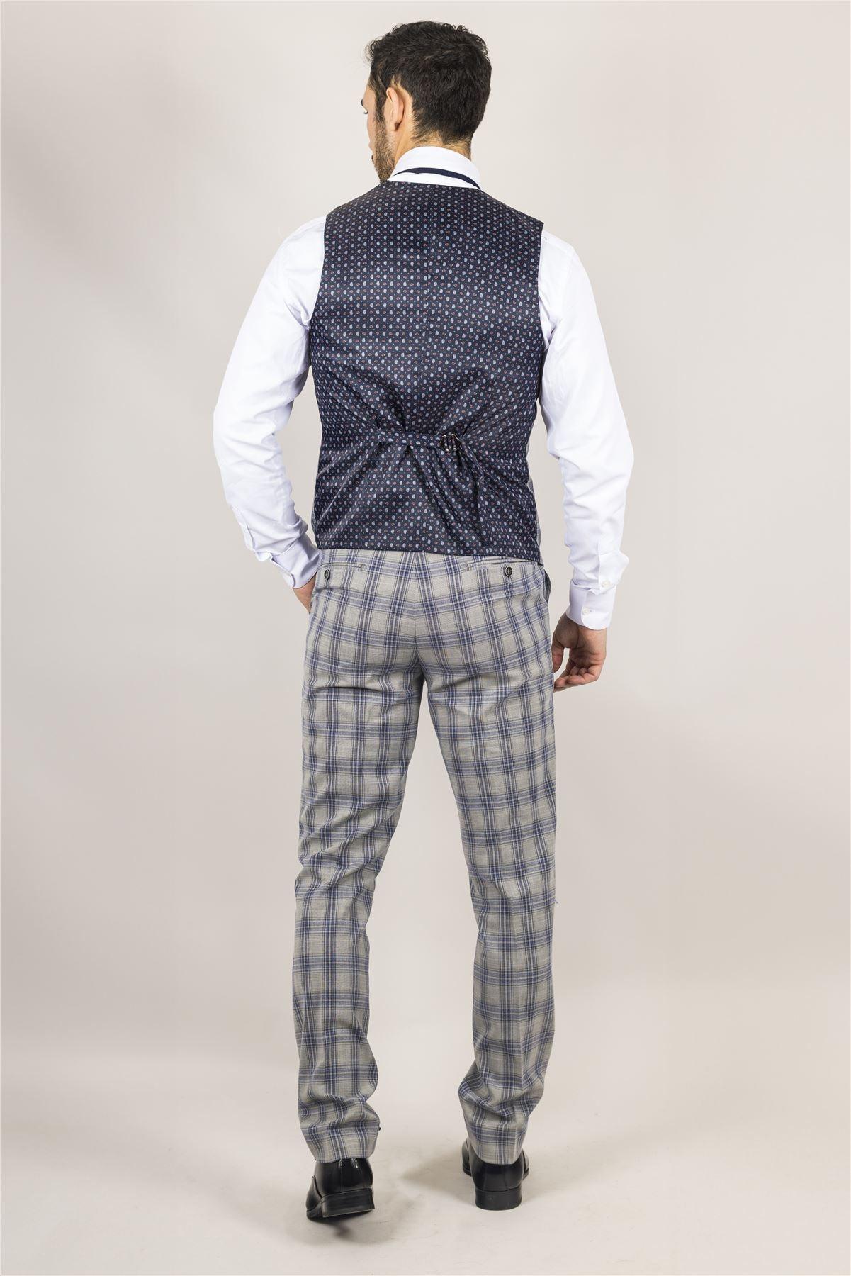 Men's Suit 3 Piece Grey Blue Checked Classic Plaid Tailored Fit Formal Dress - Knighthood Store