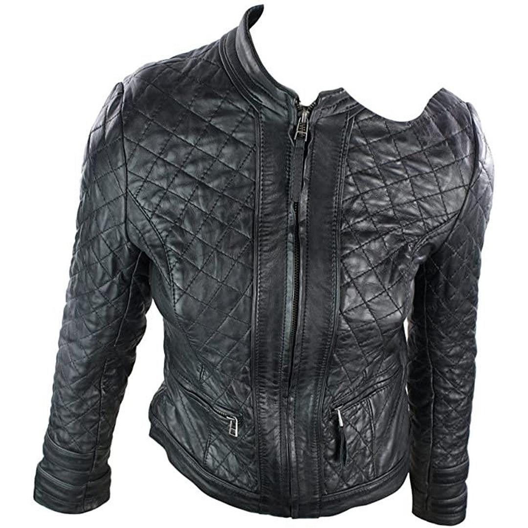 Ladies Real Leather Jacket Short Fitted Barber Style Black Retro Chinese Collar - Knighthood Store