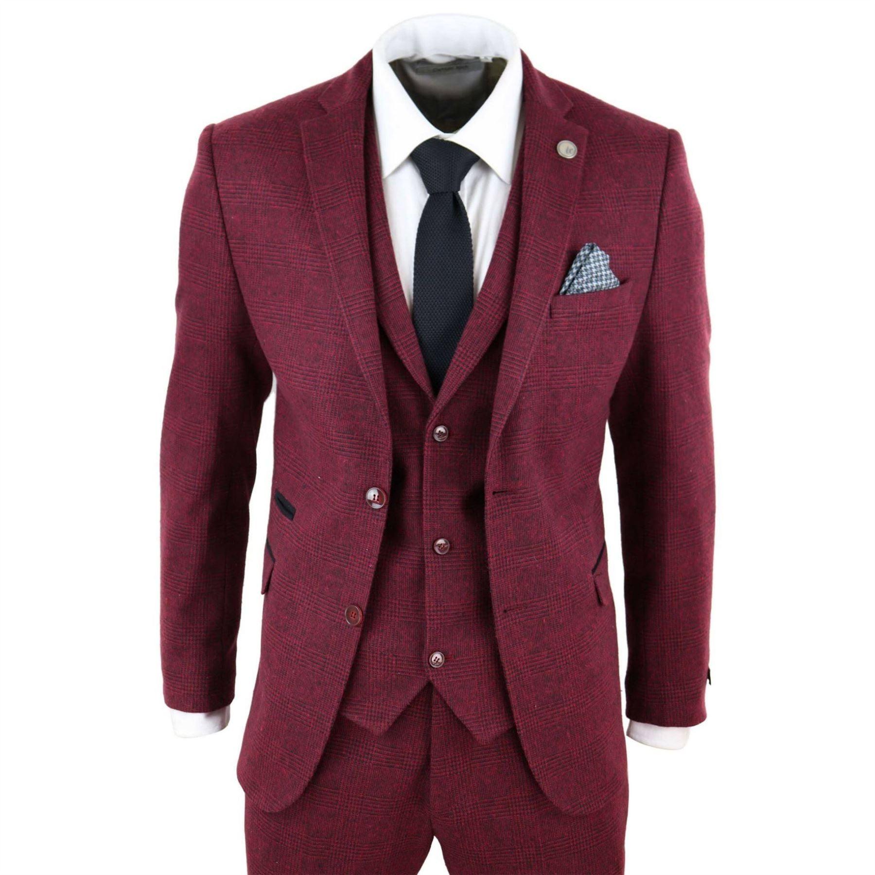 Mens Wine Maroon Check Herringbone Tweed Vintage Tailored Fit 3 Piece Suit Smart - Knighthood Store