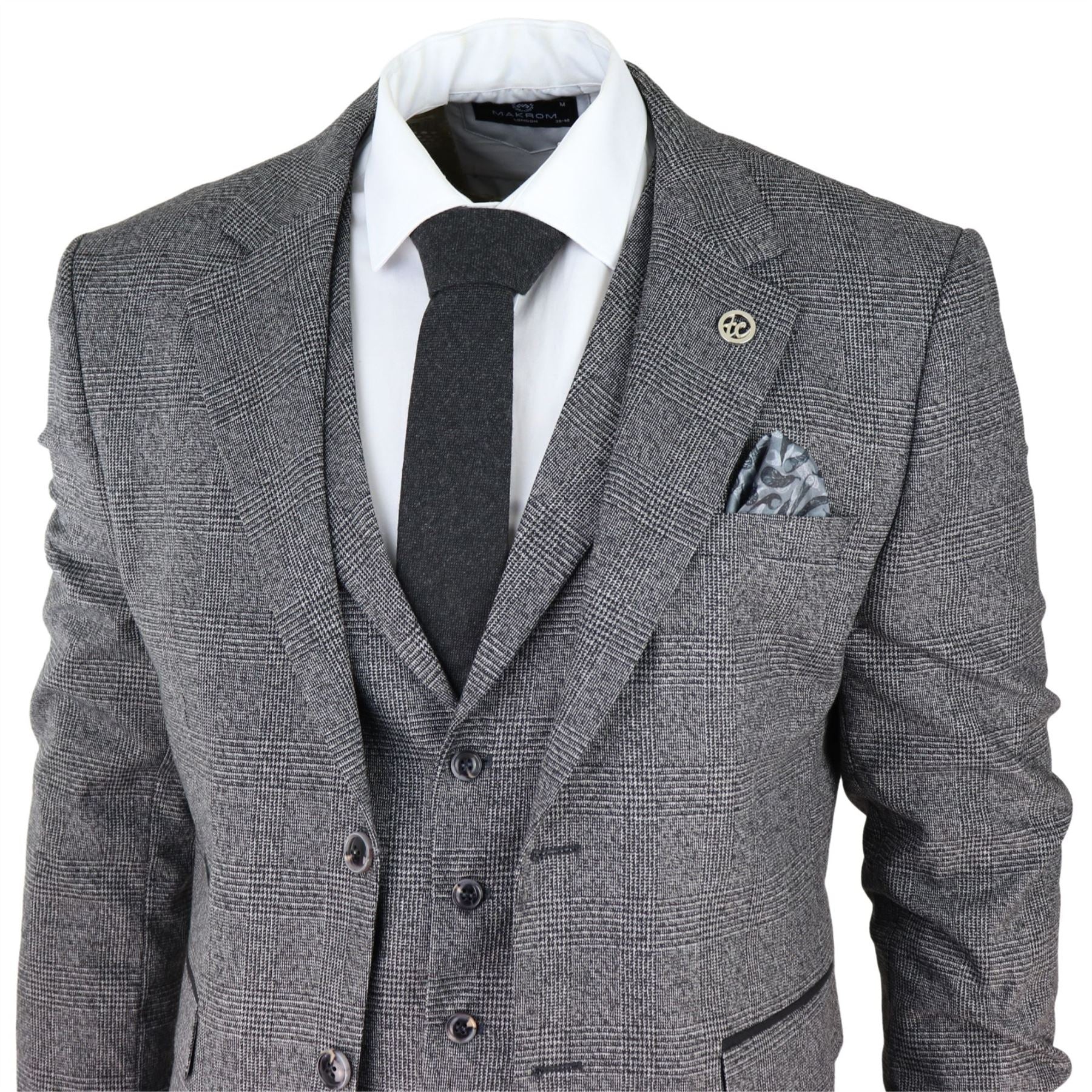 Mens Classic 3 Piece Suit Prince Of Wales Check Grey Tailored Fit Vintage Wedding