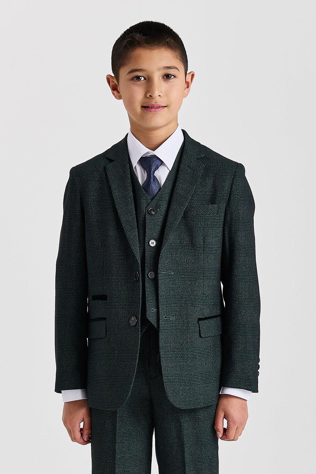 Regent - Boys Green 3 Piece Prince Of Wales Checked Suit