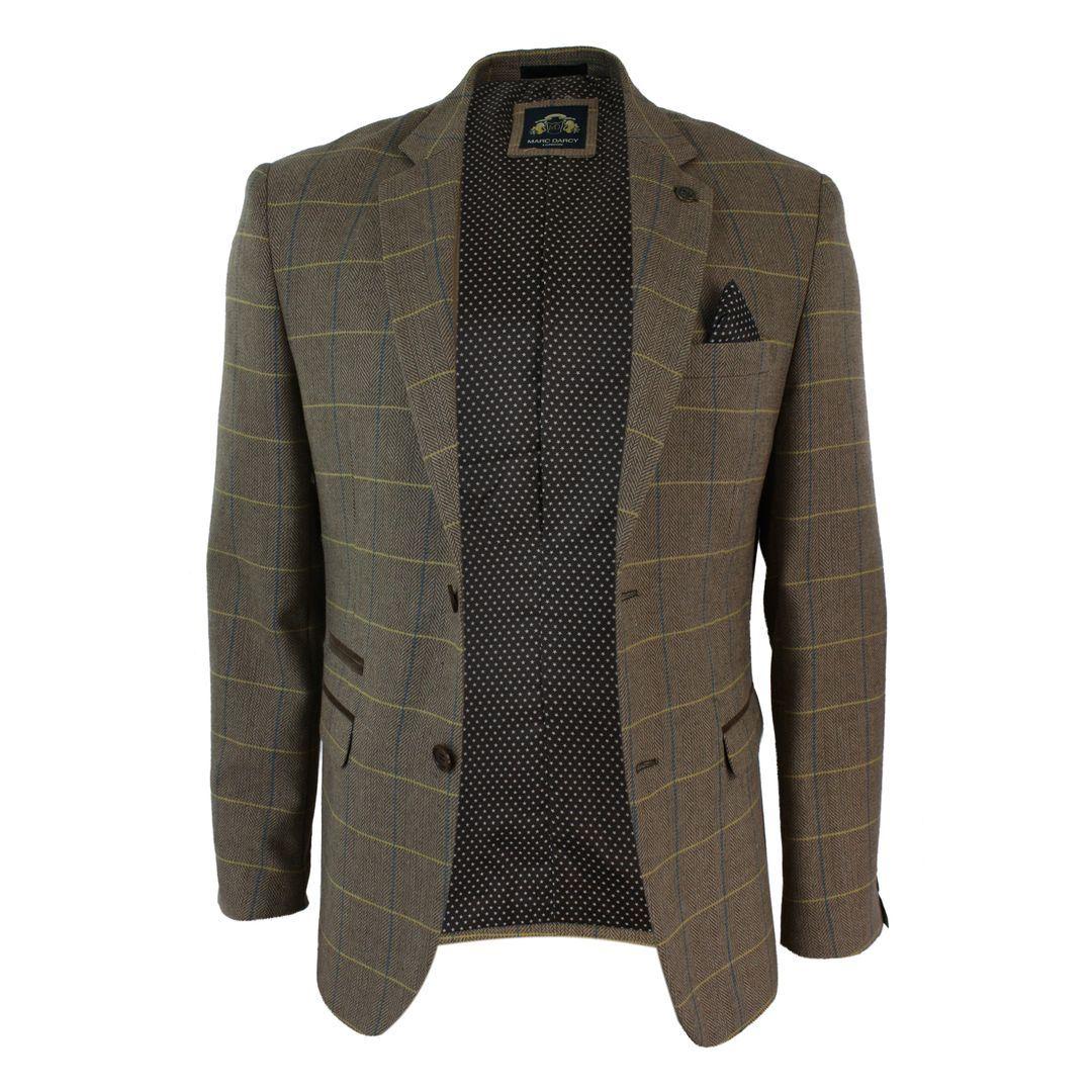 Mens Check Vintage Herringbone Tweed Tan Brown Blazer Jacket Fitted - Knighthood Store