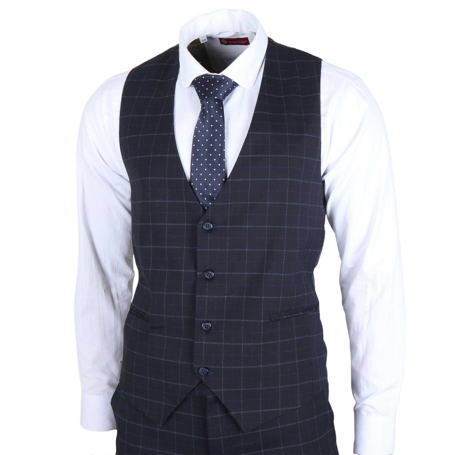 Men's Suit Navy Blue Checked Tailored Fit 3 Piece Formal Dress - Knighthood Store