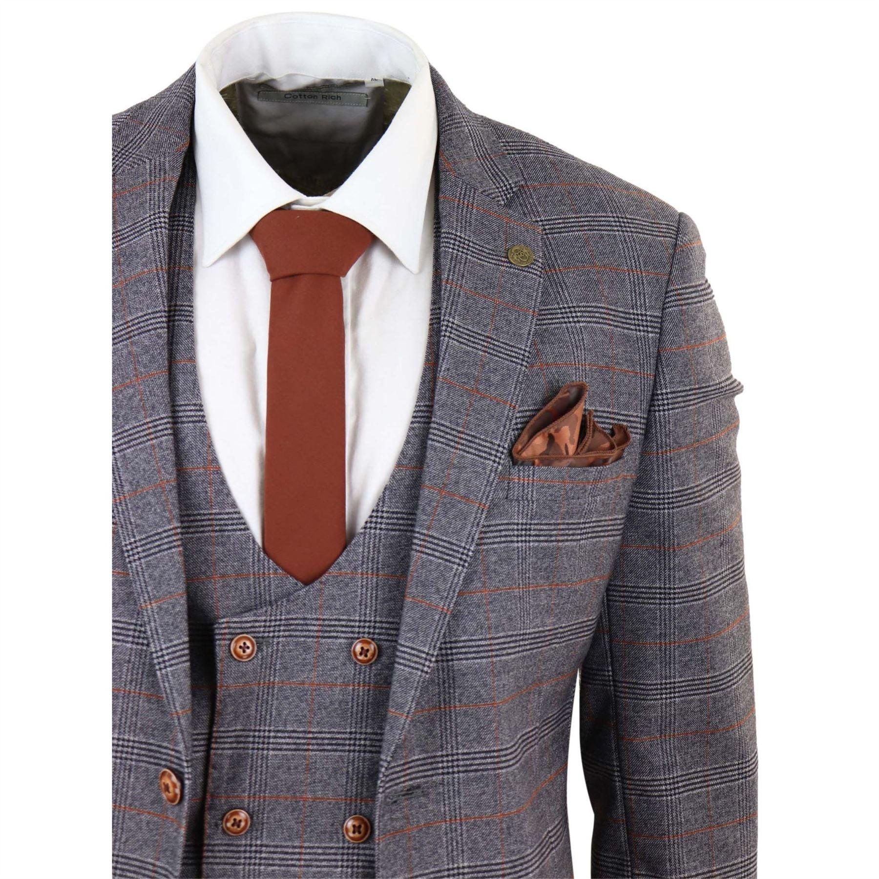 Grey Tweed 3 Piece Suit Prince Of Wales Check Slim Fit Double Breast Waistcoat - Knighthood Store