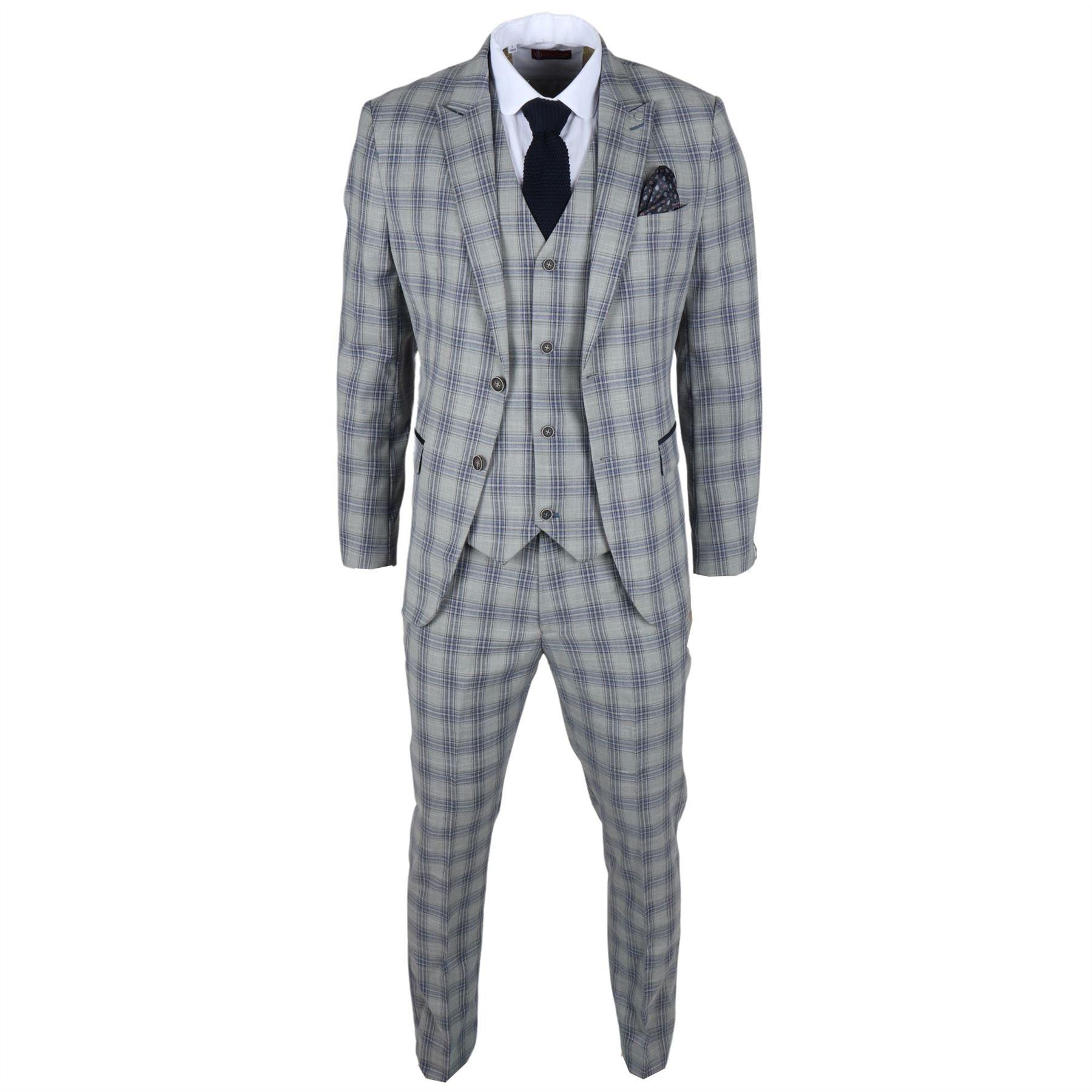 Men's Suit 3 Piece Grey Blue Checked Classic Plaid Tailored Fit Formal Dress - Knighthood Store