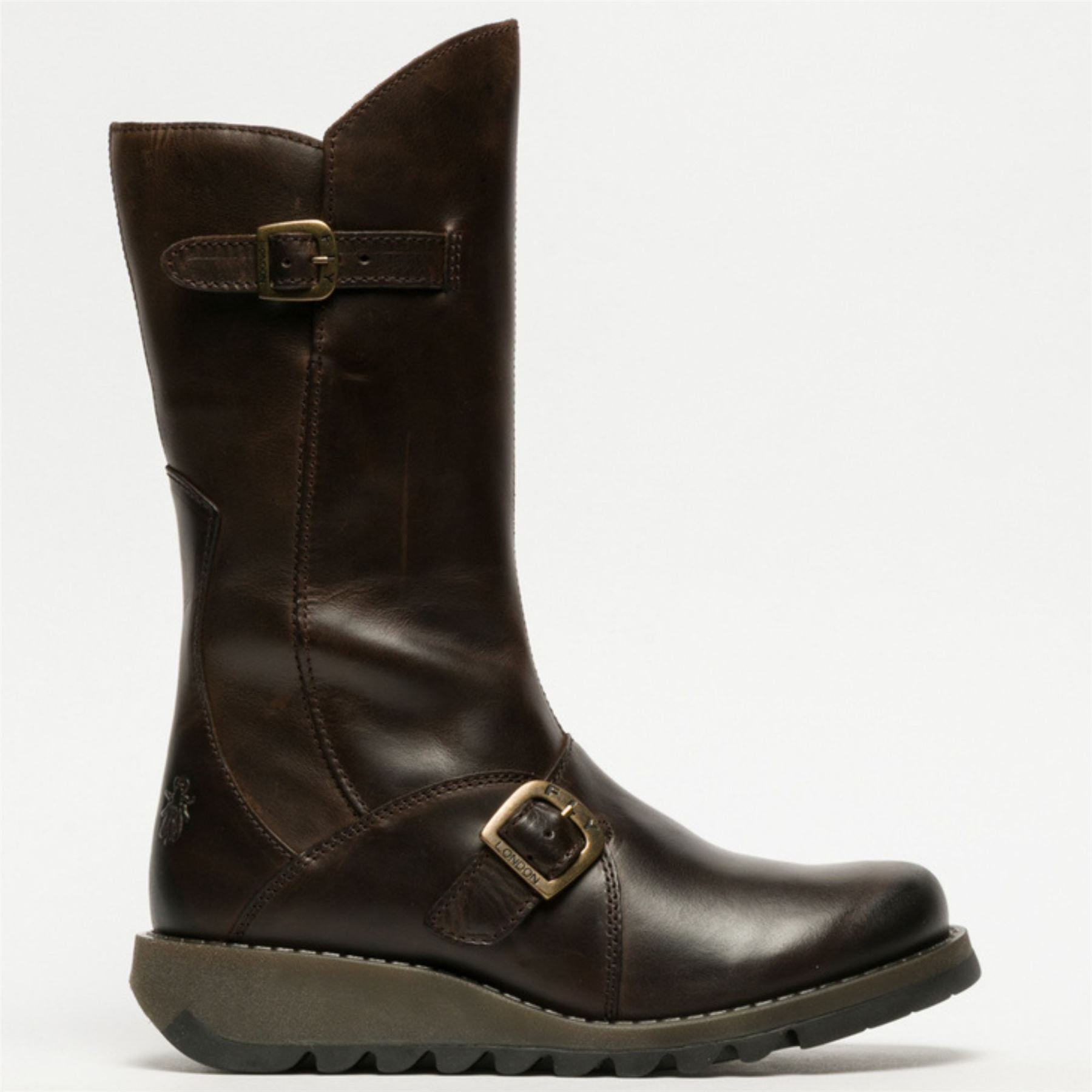 MES2913 - Women's Wedge Heel Buckle Mid Calf Leather Boots