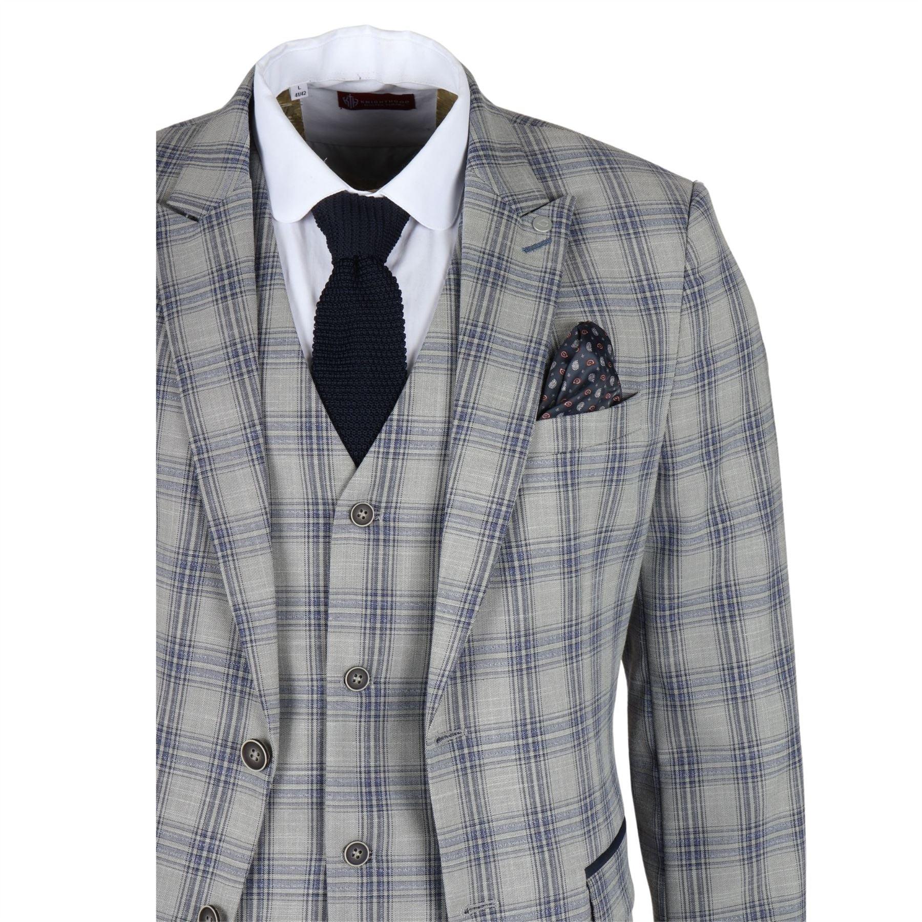 Men's Blazer Grey Blue Checked Classic Sport Coat Plaid Tailored Fit - Knighthood Store