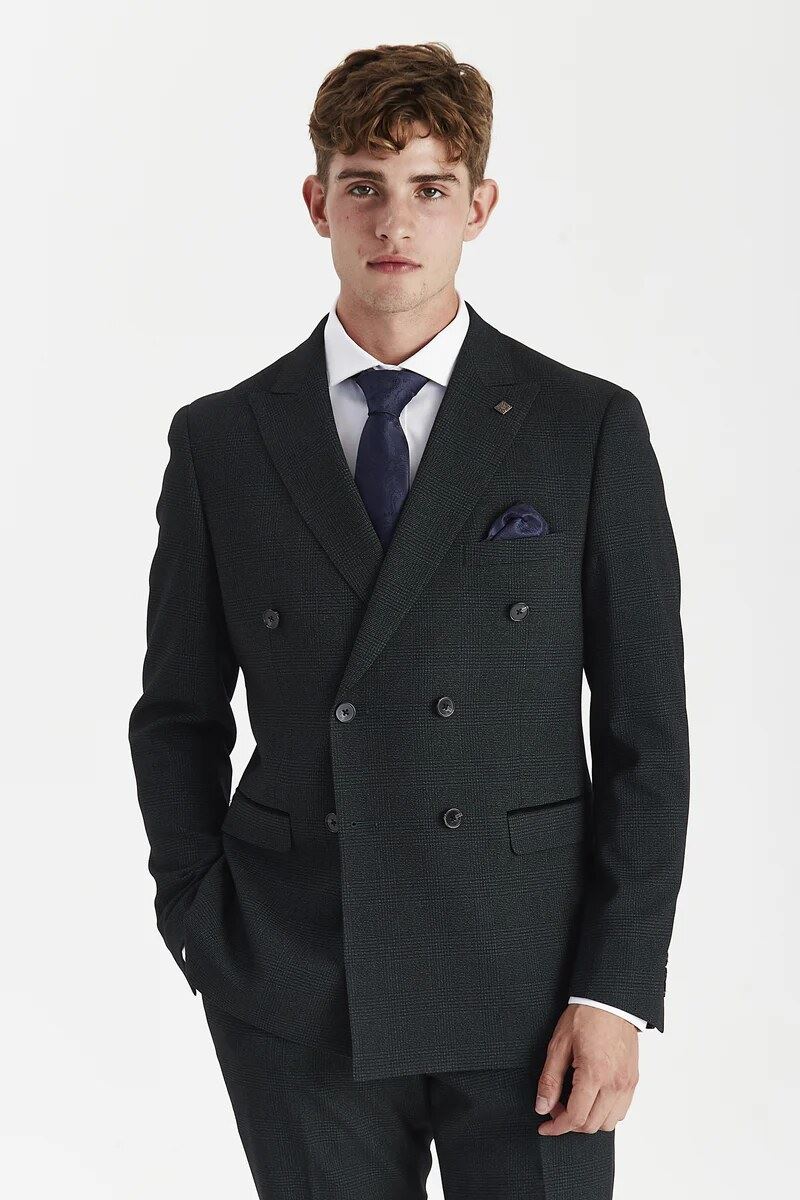 Regent - Men's Green Checked Double Breasted Blazer