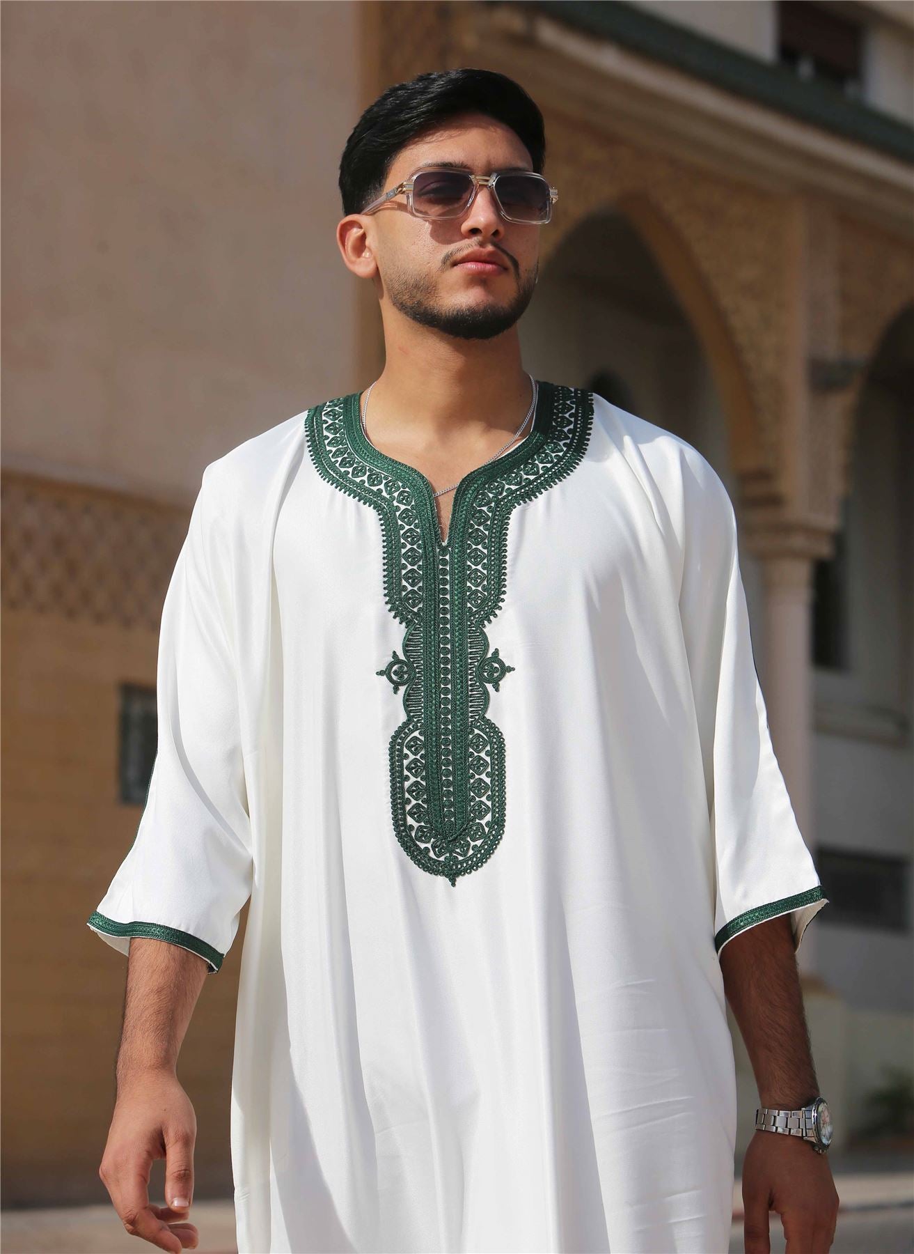 Men's Moroccan Thobe Gandoura Short Sleeve Jubba Islamic Clothing Kaftan Eid Robe Arab Embroidery