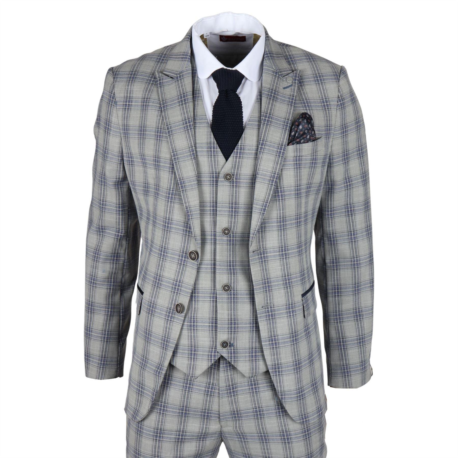 Men's Blazer Grey Blue Checked Classic Sport Coat Plaid Tailored Fit - Knighthood Store