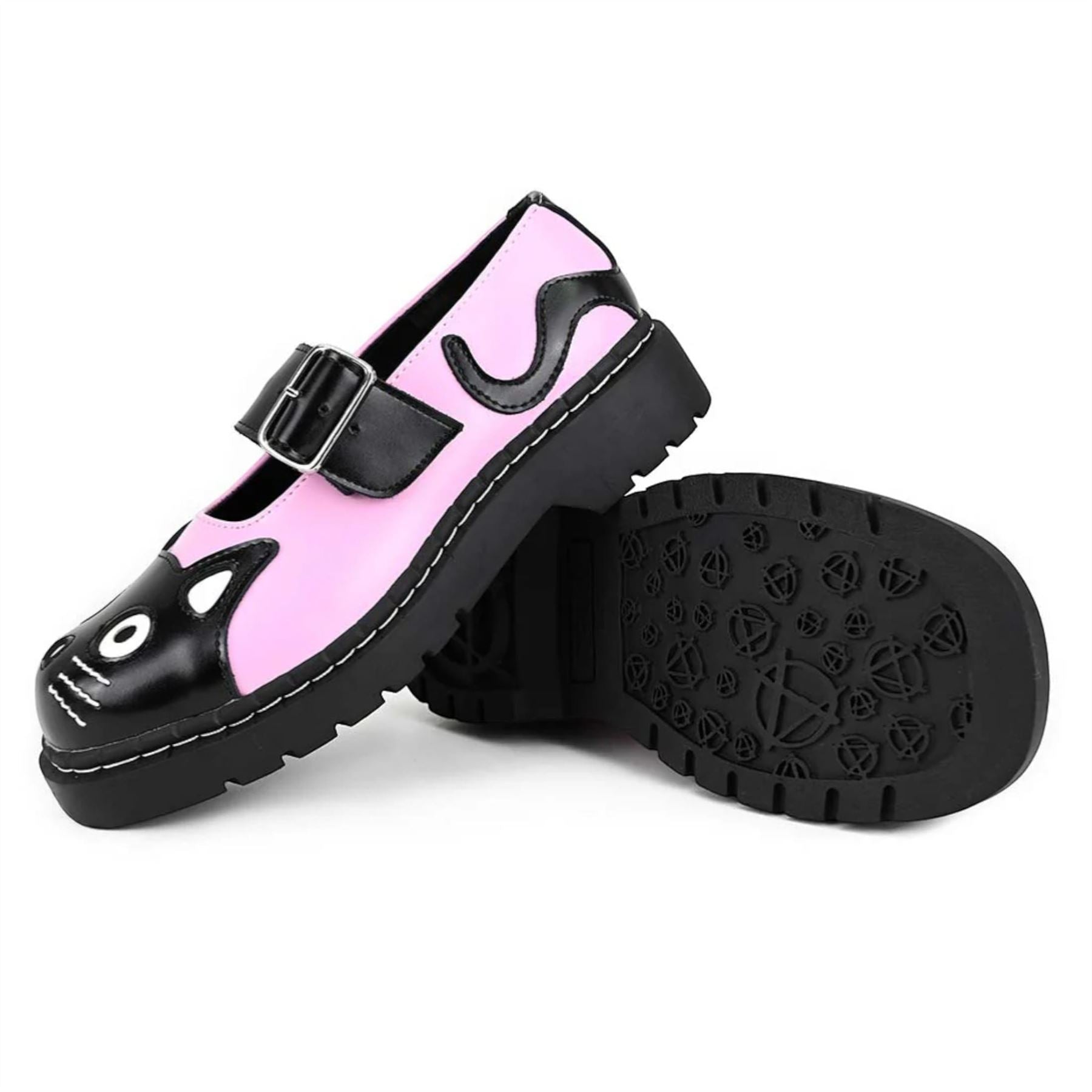 Women's Mary Jane Kitty Pink Black Leather Platform Shoes