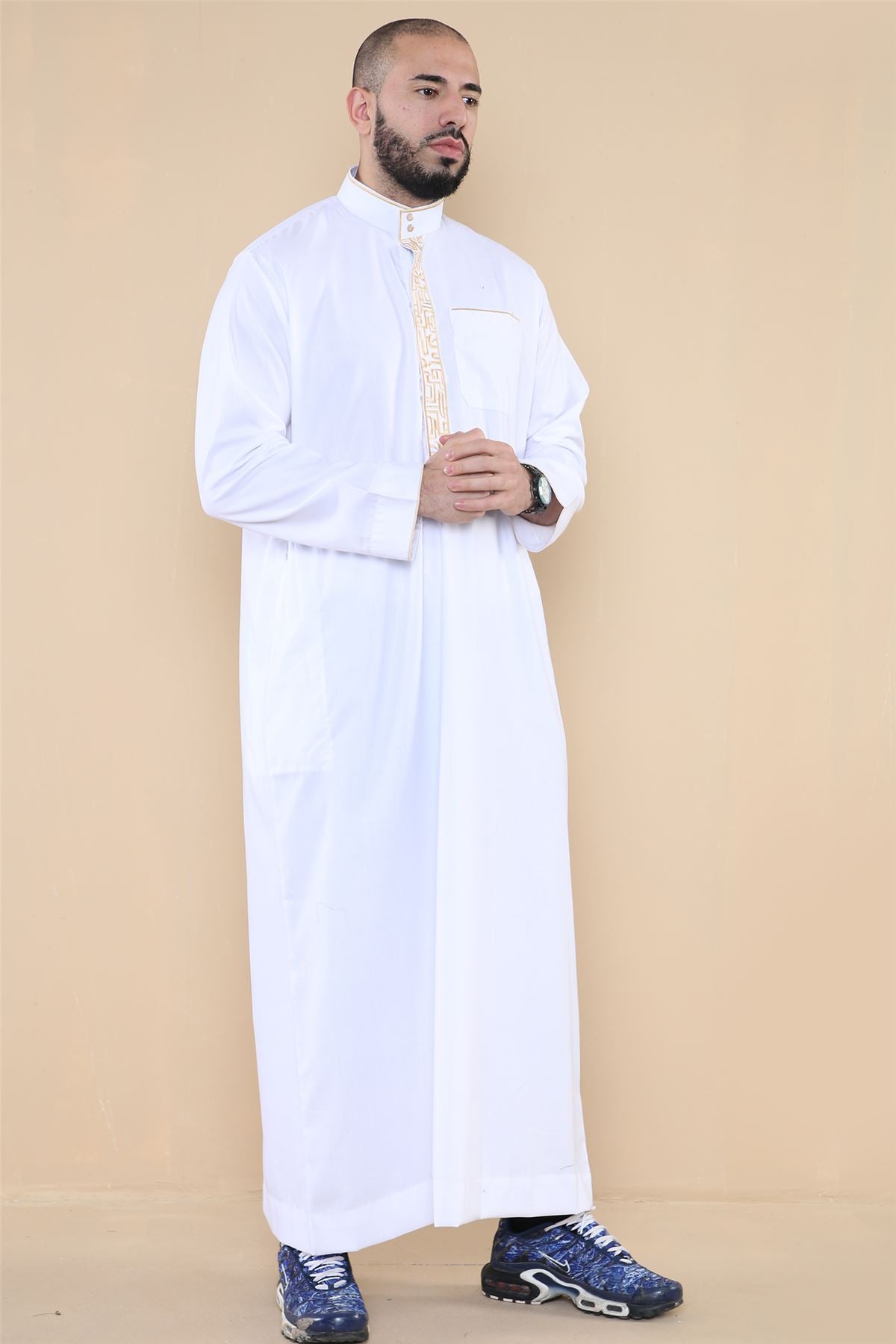 Mens Thobe Jubba Nehru Stand Collar Islamic Clothing Muslim Cotton Kaftan Embroidery Eid Robe Saudi