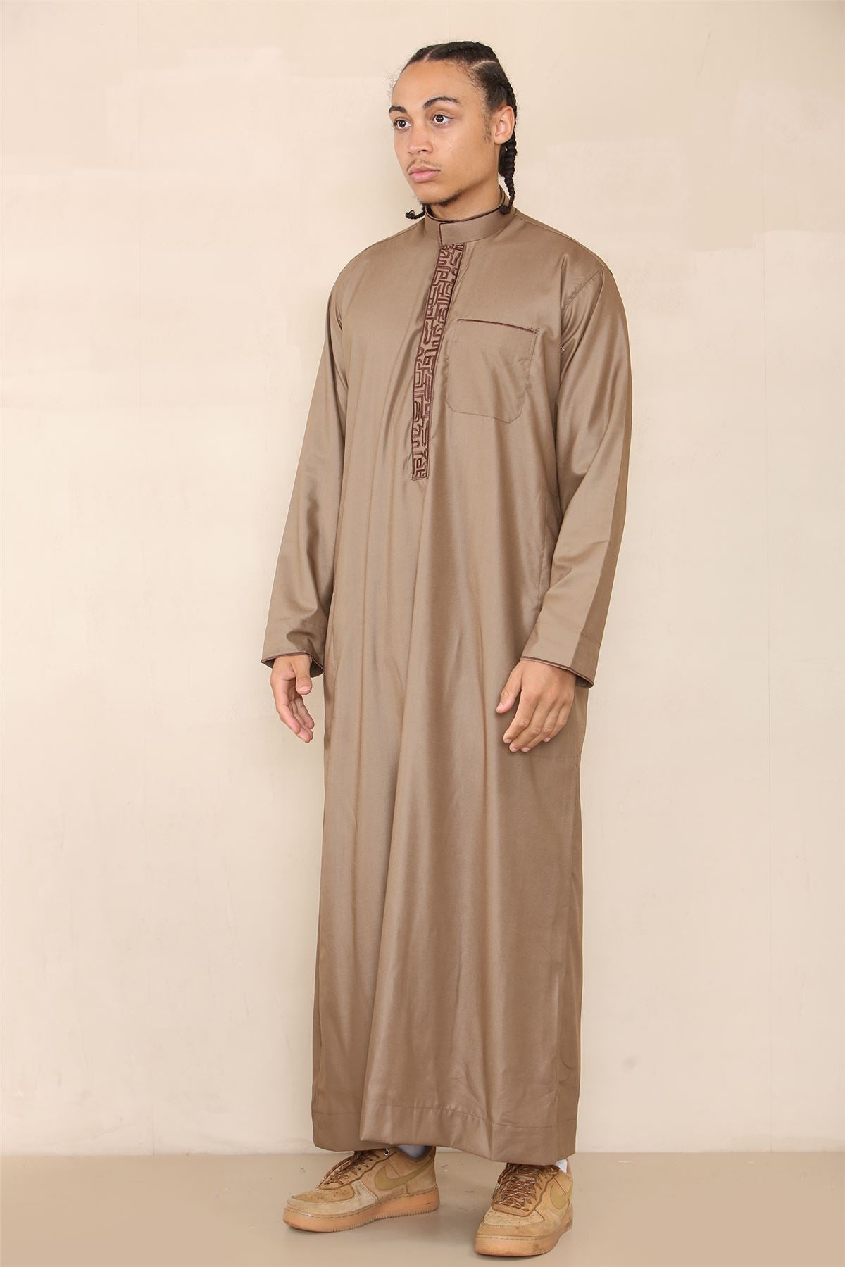 Mens Thobe Jubba Nehru Stand Collar Islamic Clothing Muslim Cotton Kaftan Embroidery Eid Robe Saudi