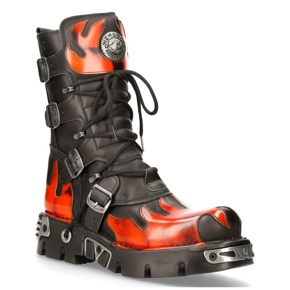 New Rock New Rock 591-s1 Red Flame Metallic Black Leather Boot Biker Goth Boots - Knighthood Store