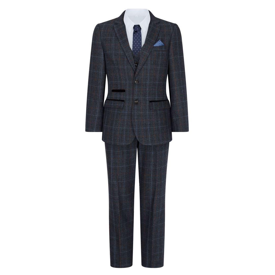 Boys Navy Blue 3 Piece Tweed Suit Herringbone Wine Vintage Retro - Knighthood Store