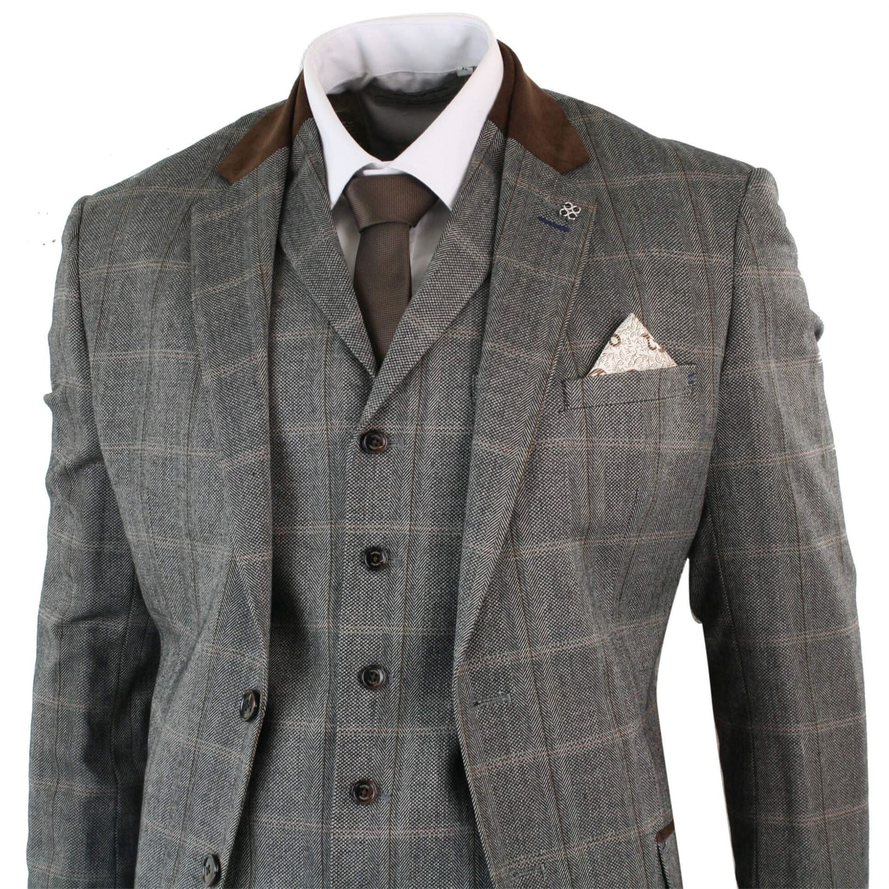 Mens Check Tweed Wool 3 Piece Tan Brown Beige Suit Vintage Retro Tailored Fit