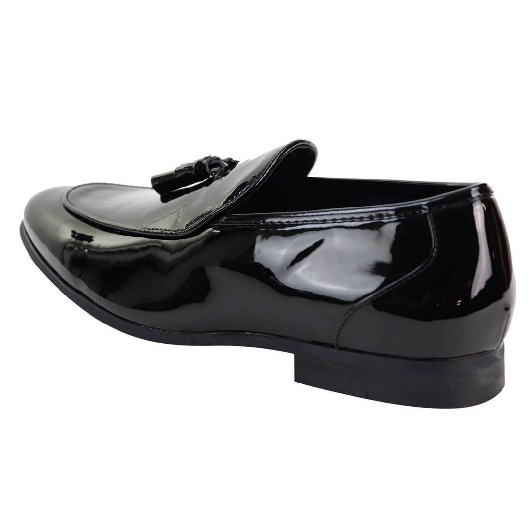 Mens Tassel Slip On Black Shoes Shiny Patent Smart Casual Formal Driving Retro - Knighthood Store