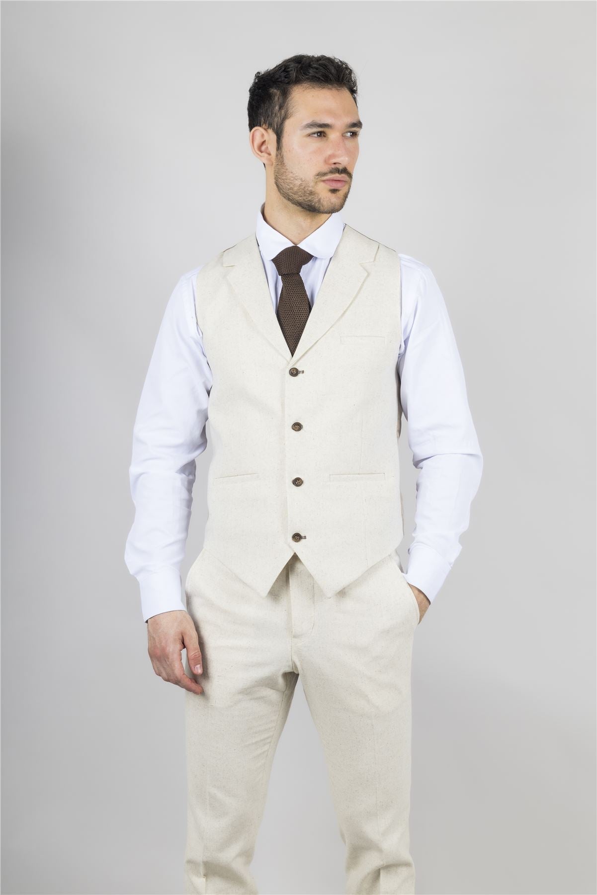 TruClothing TP-21 - Men's Beige 3 Piece Linen Summer Suit