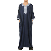 Boys Navy Moroccan Thobe Short Sleeve Gandoura Blue Embroidery Kaftan