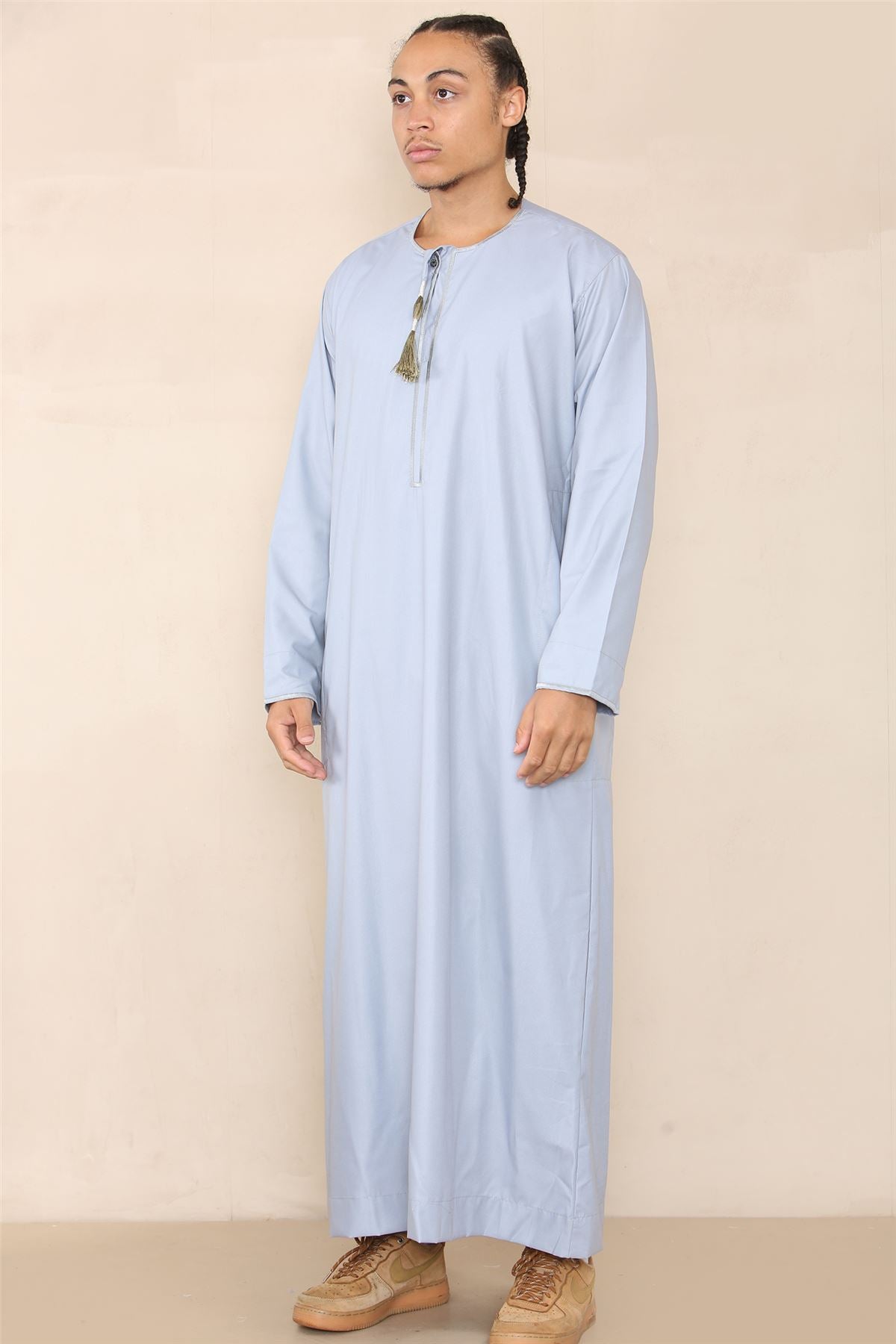 Mens Thobe Jubba Islamic Clothing Muslim Kaftan Emirati Omani Robe Arab Tassel