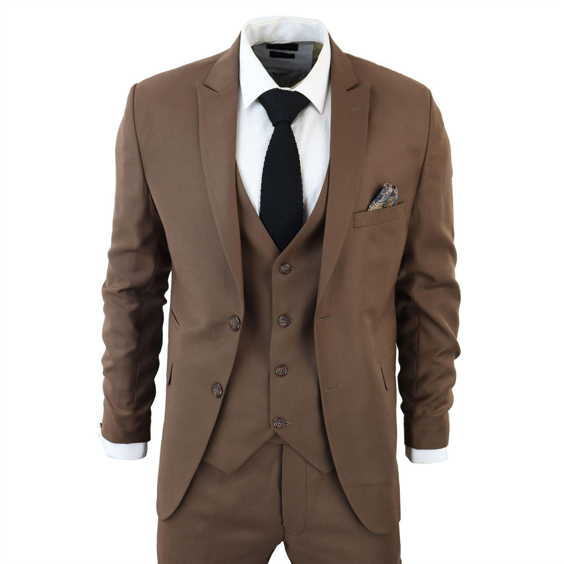 Men's Classic Brown Suit 3 Piece Tailored Fit Vintage Office Wedding Prom - Knighthood Store