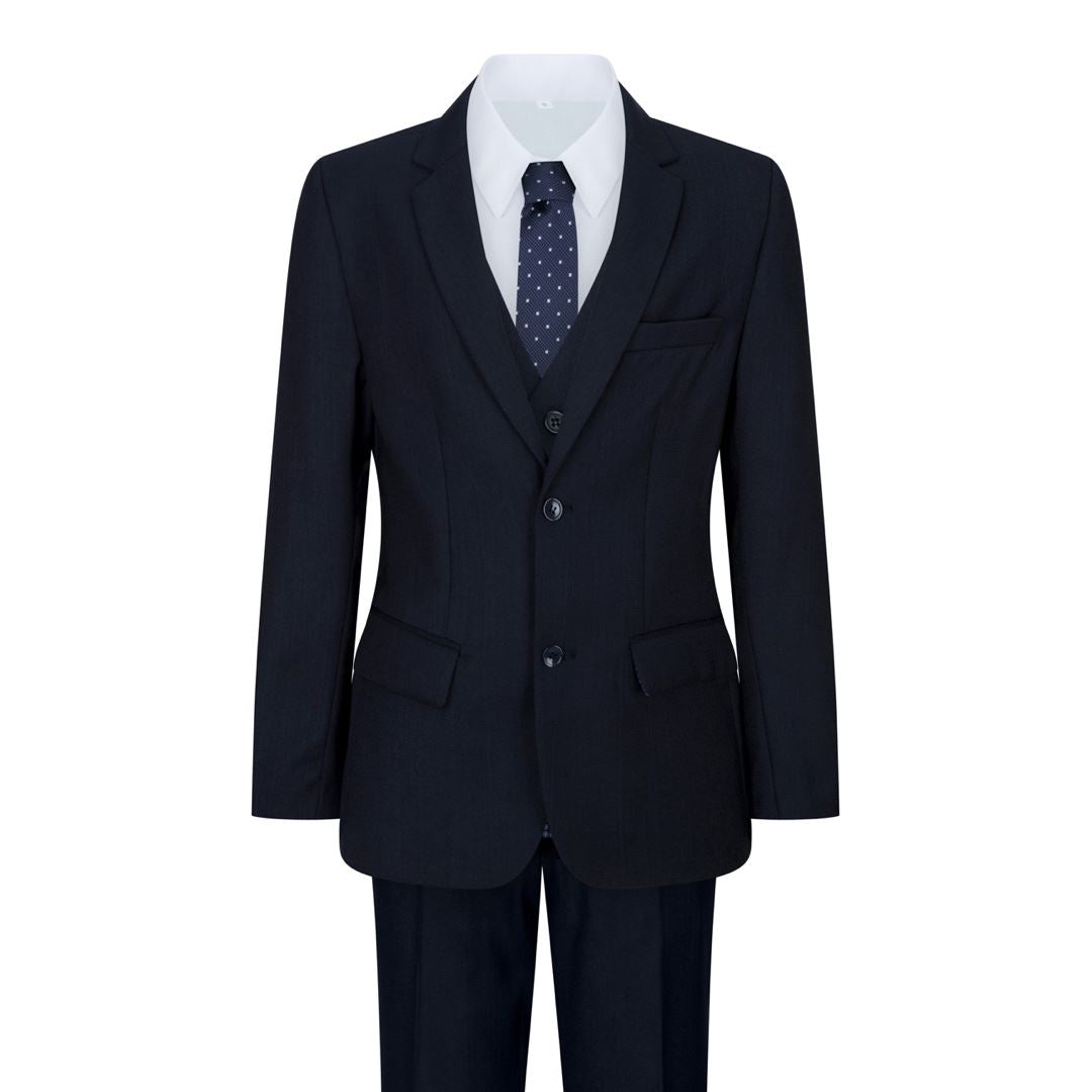 Boys Navy Blue 5 Piece Suit Blazer Waistcoat Shirt Tie Trousers Wedding Party