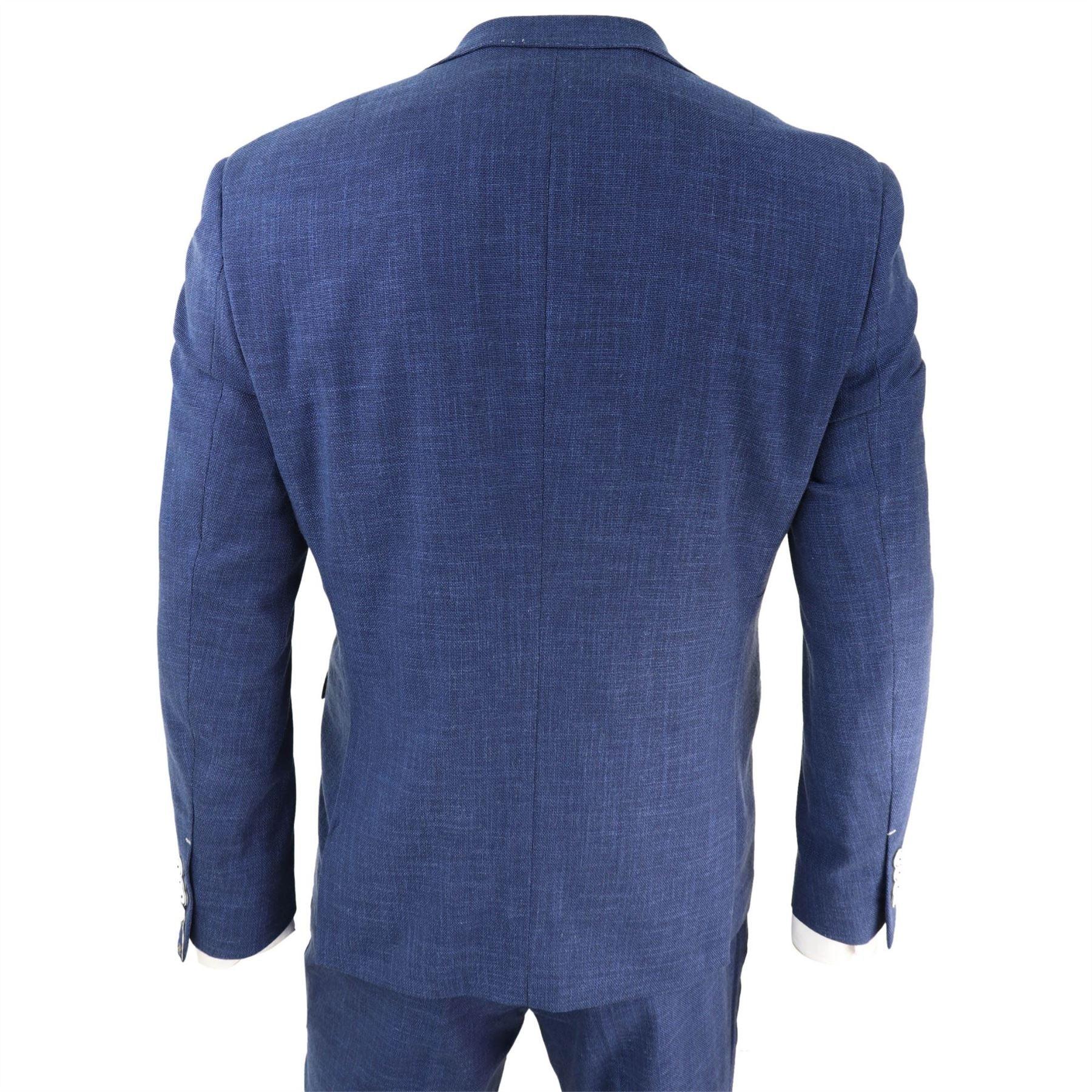 Mens 3 Piece Suit Blue Summer Linen Tailored Fit Wedding Prom Classic - Knighthood Store