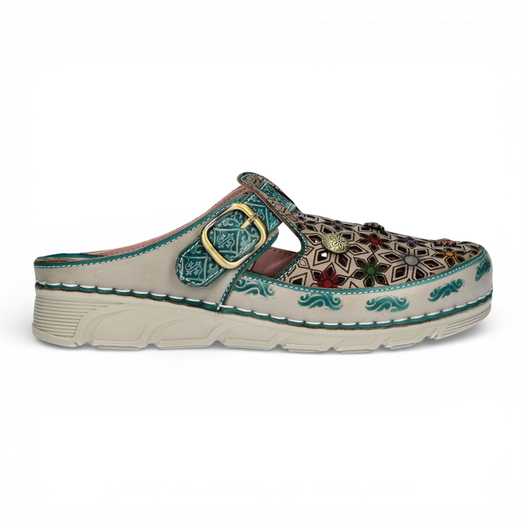 Dorry 01 - Women’s Floral Blue Leather Wedge Slipper