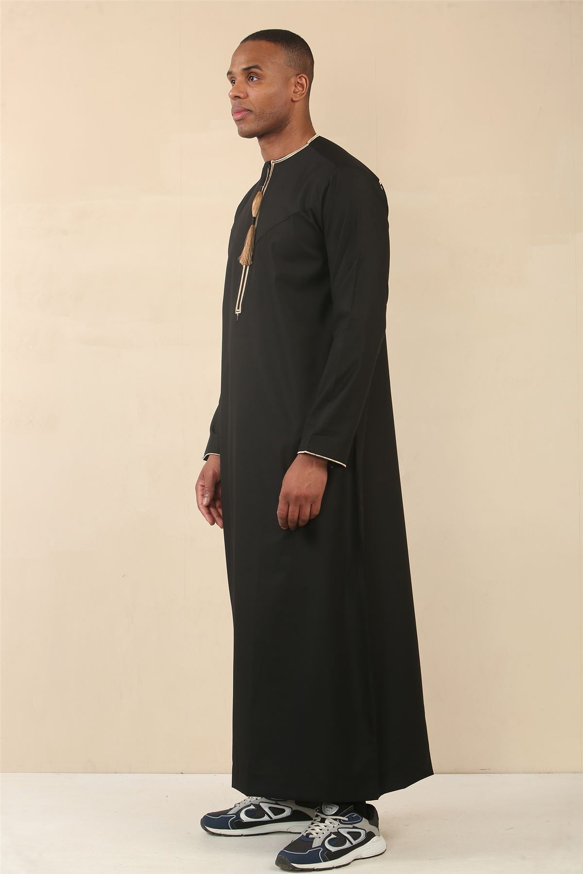 Men's Thobe Emirati Omani Jubba Islamic Clothing Muslim Kaftan Eid Robe Arab Gold Tassel Embroidery