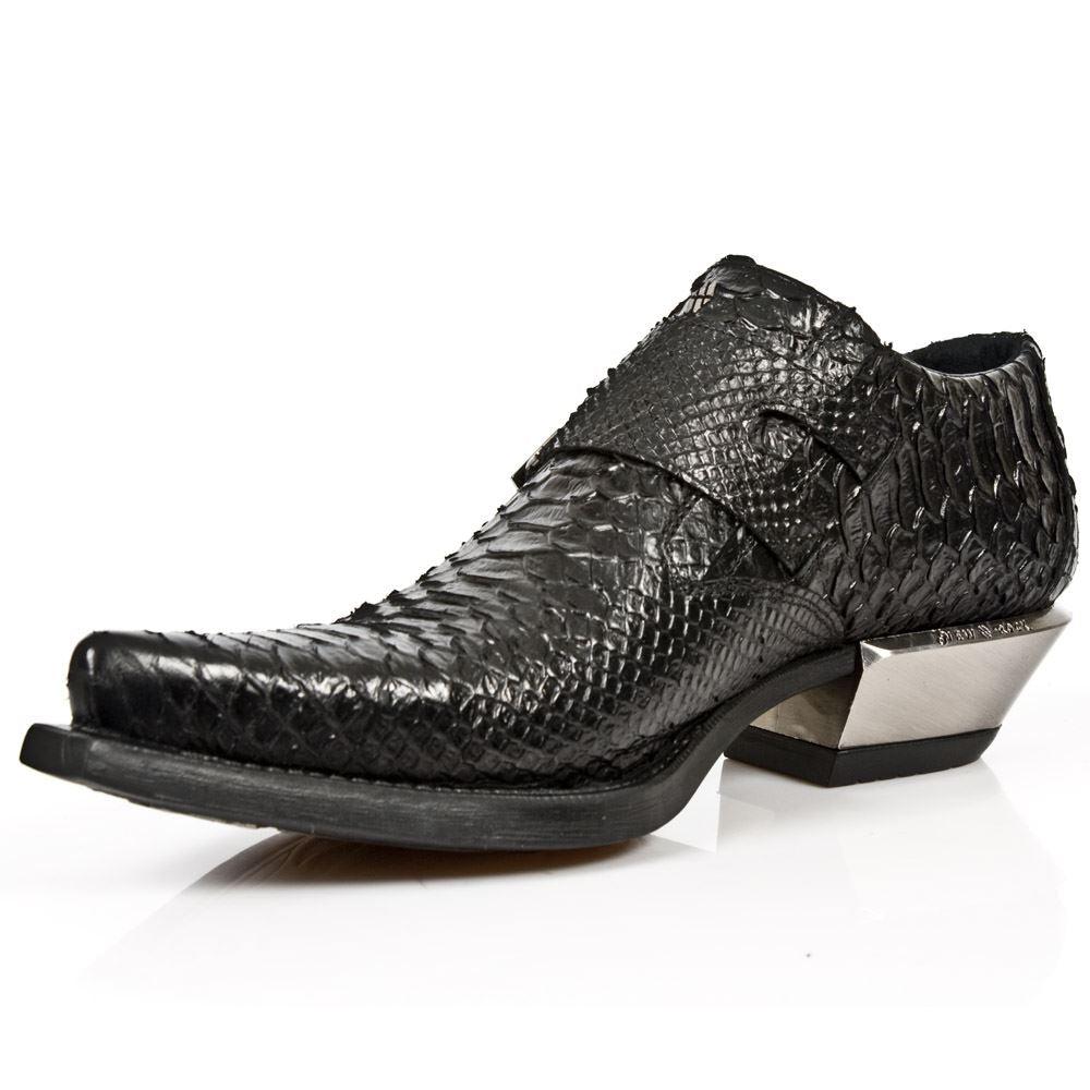 New Rock 7934-S2 Embossed Python Black Leather Buckle West Steel Heel Shoes Boot - Knighthood Store
