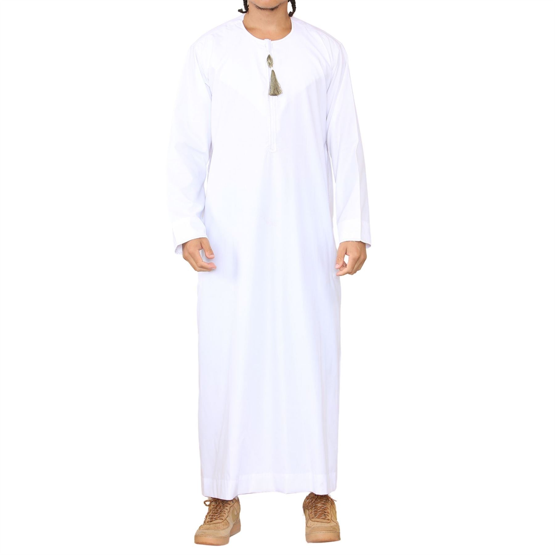 Mens Thobe Jubba Islamic Clothing Muslim Kaftan Emirati Omani Robe Arab Tassel