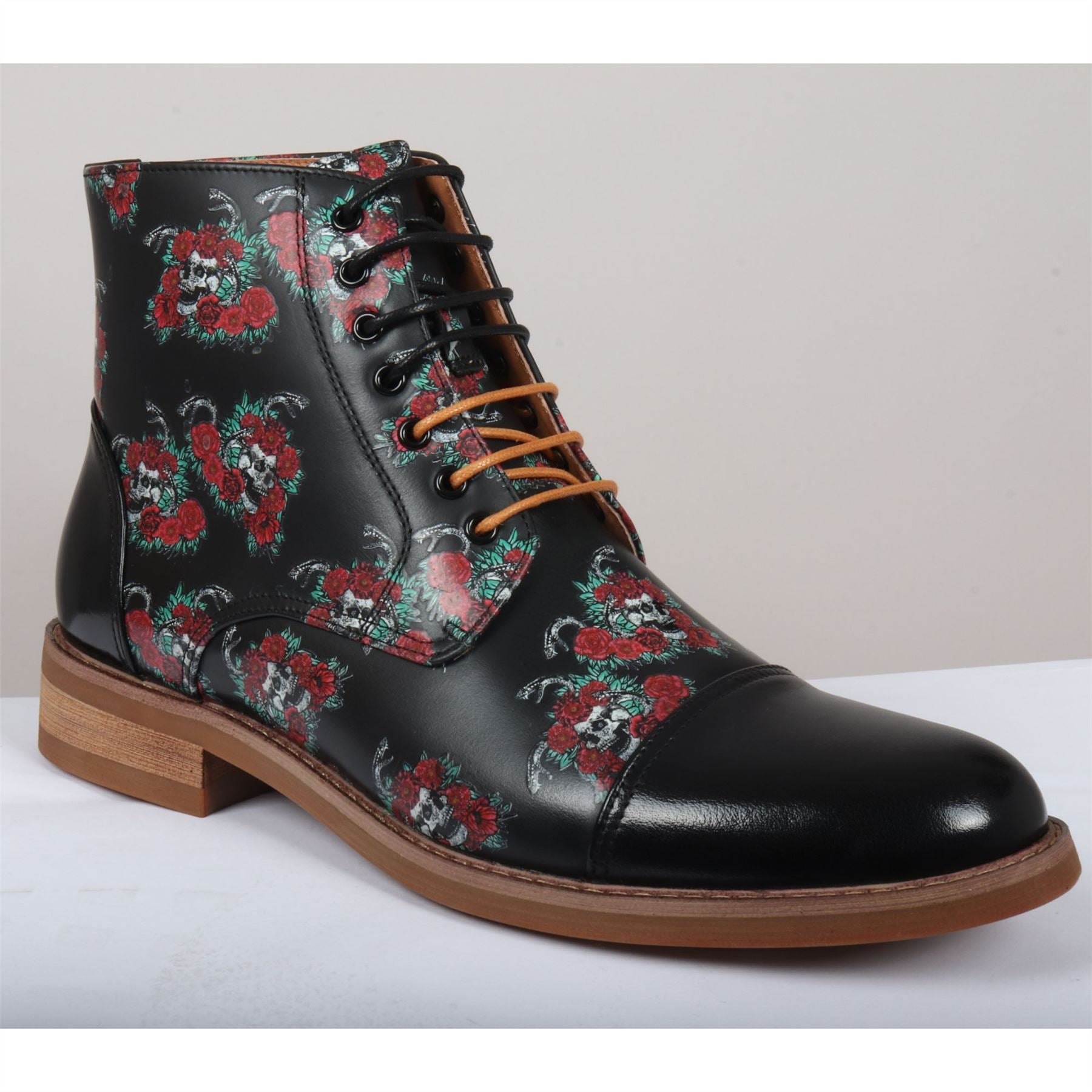 Men's Boot Black Oxford Floral Skull Print Lace Up Leather Dress Ankle Boots