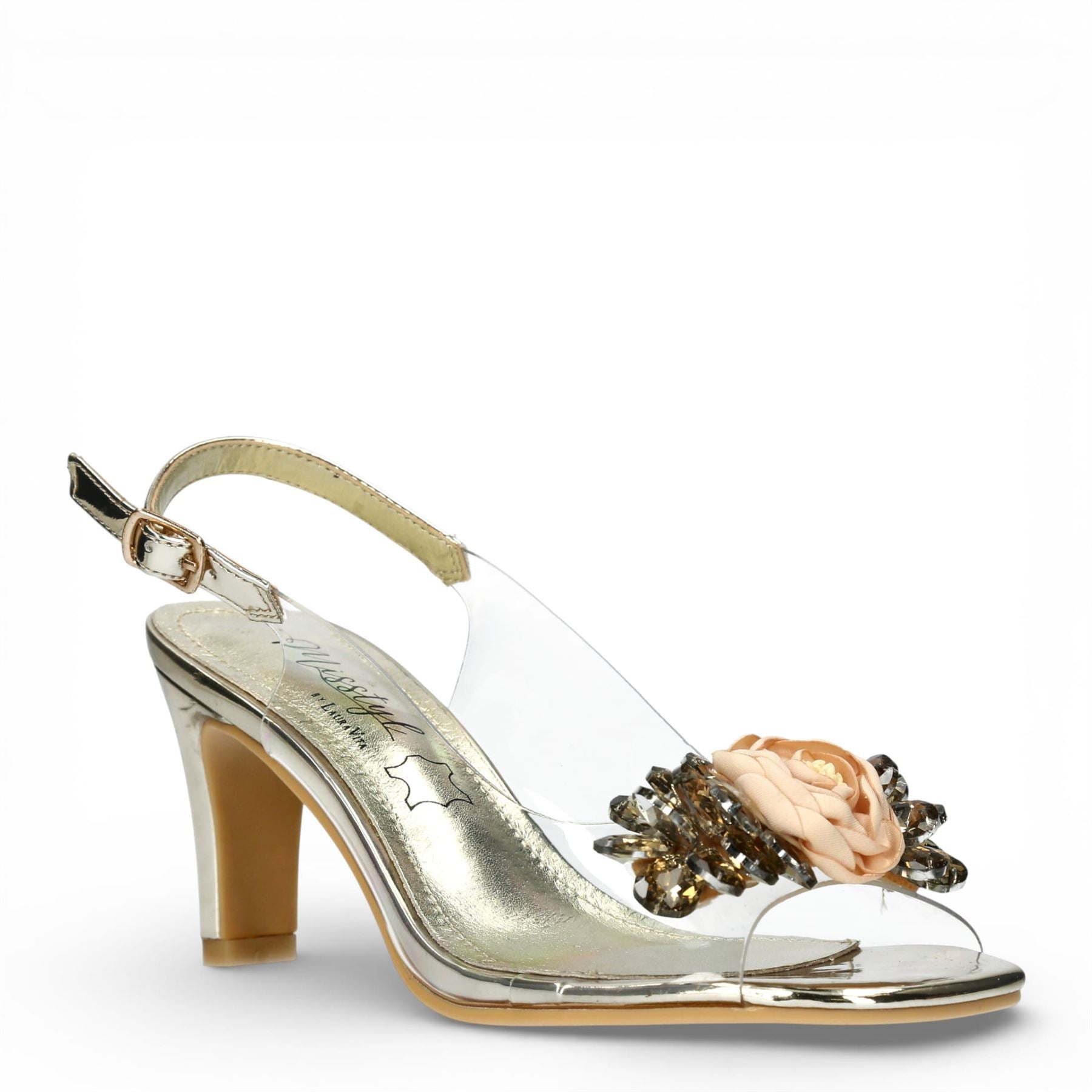 Mira 05 - Women’s Clear Golden Slip-On Heel Sandals
