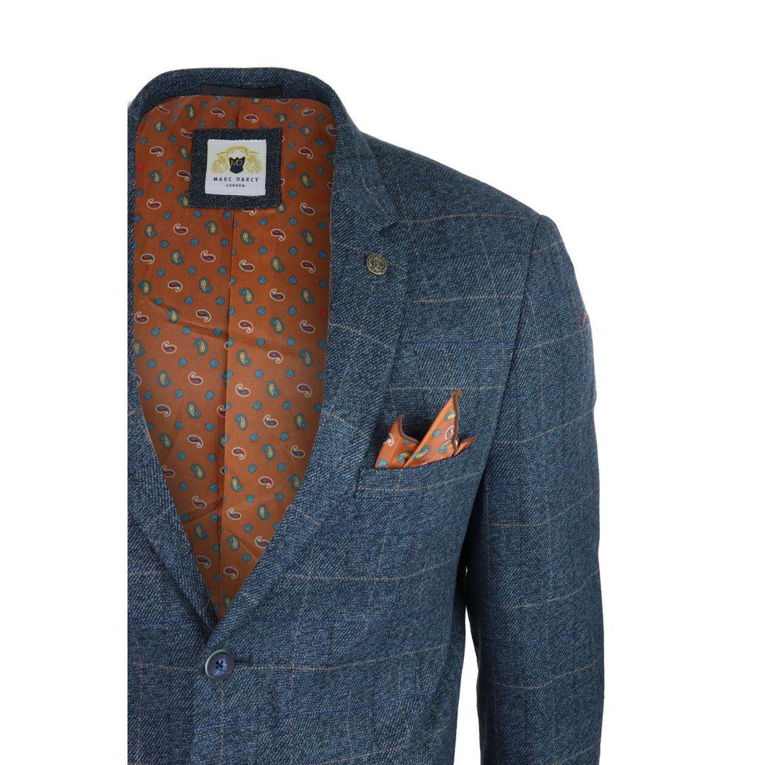 Mens Blue Check Blazer Herringbone Tweed Vintage Tailored Fit Grey Velvet - Knighthood Store