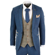 Mens Blue Tan Brown 3 Piece Herringbone Tweed Check Vintage Tailored Fit Suit