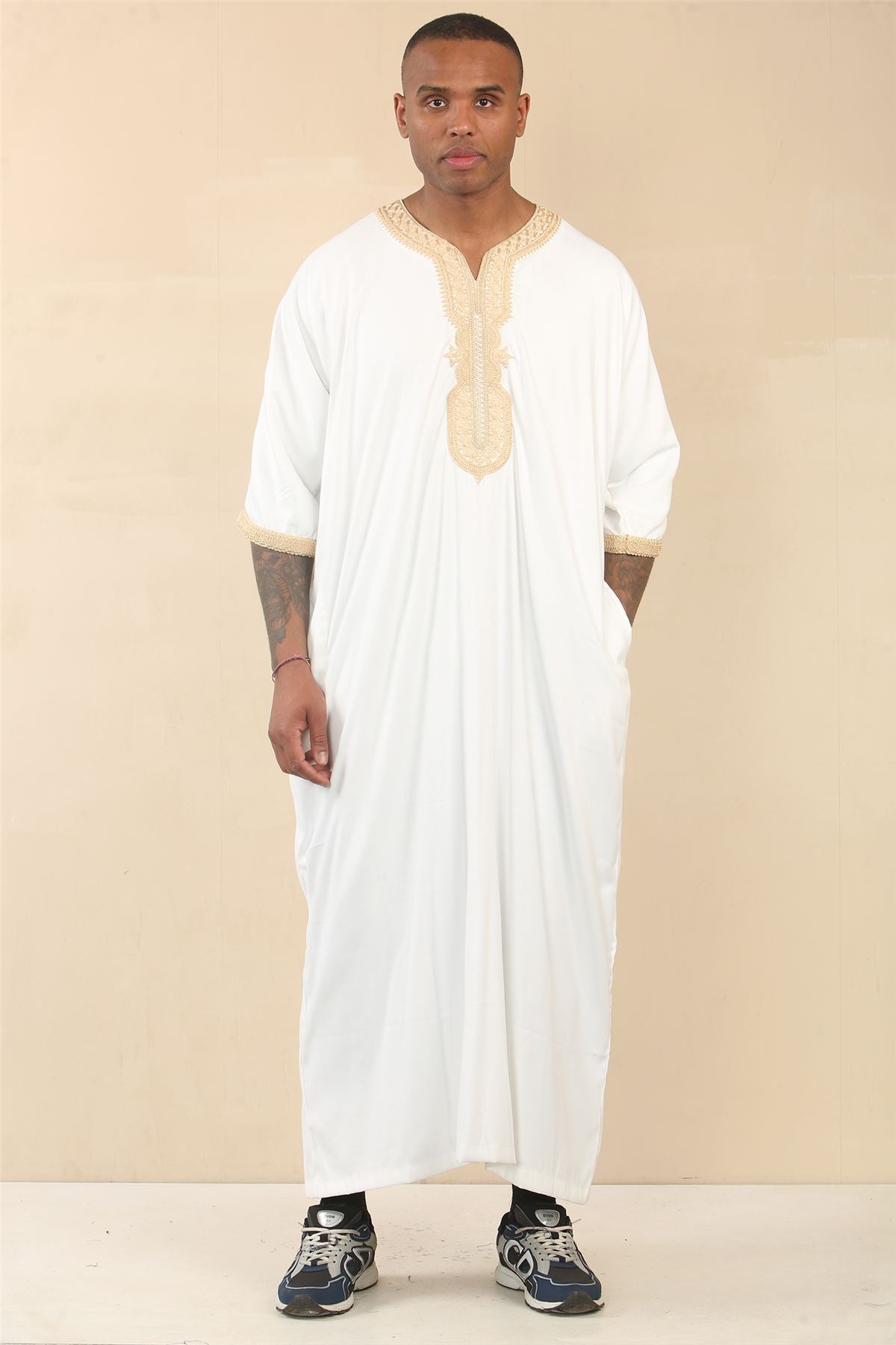 Men's Moroccan Thobe Short Sleeve Gandoura Embroidery Kaftan Jubba