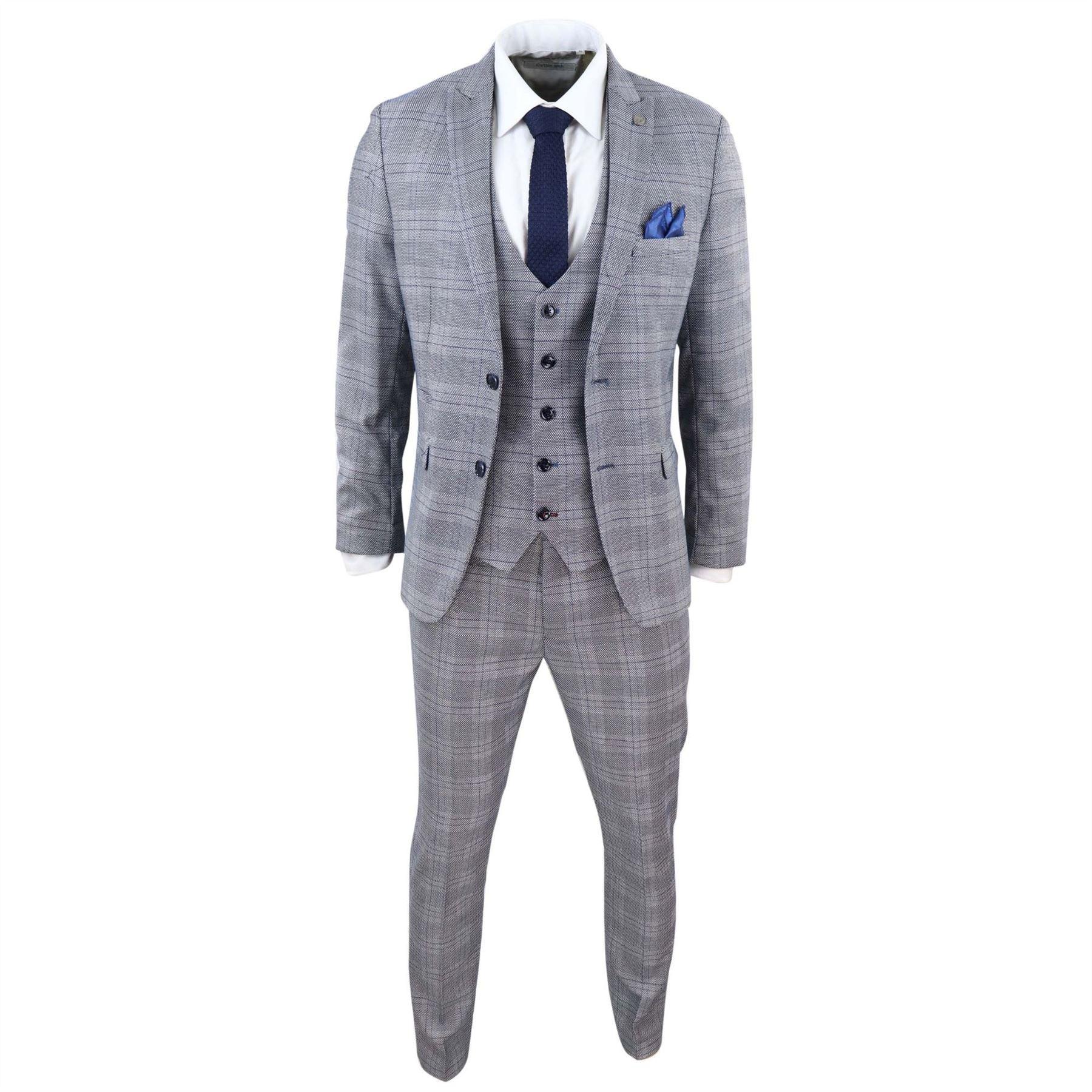 Mens Marc Darcy 3 Piece Suit Grey Prince Of Wales Blue Check Vintage Retro - Knighthood Store